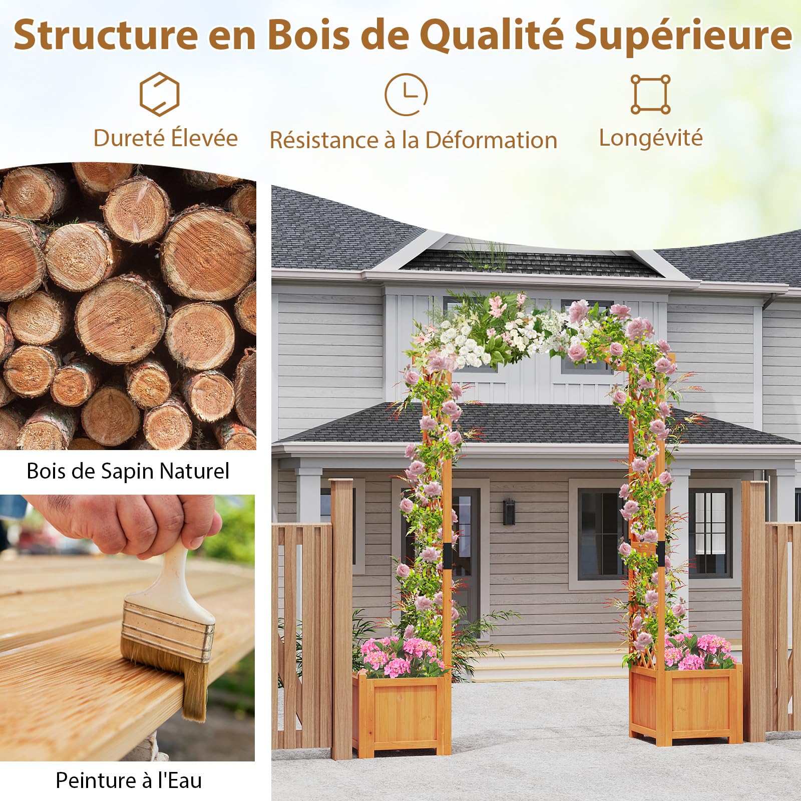 RELAX4LIFE Arche de Jardin en Bois avec Jardinière et Treillis