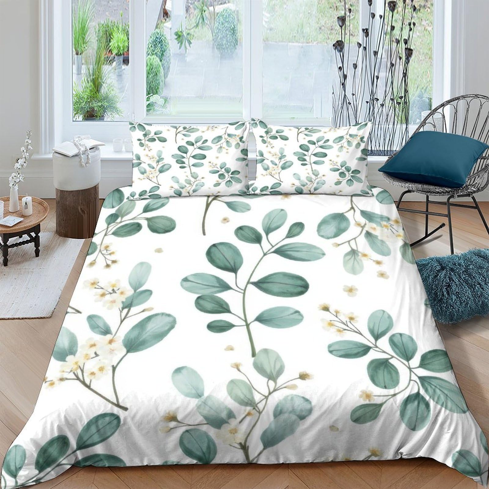 P5V6M1Q9 3D Printed Green Leaf Duvet Cover Microfiber Soft Breathable Botanical Bedding Set with 2 Pillowcases for Bedroom Decor Single（135x200cm）