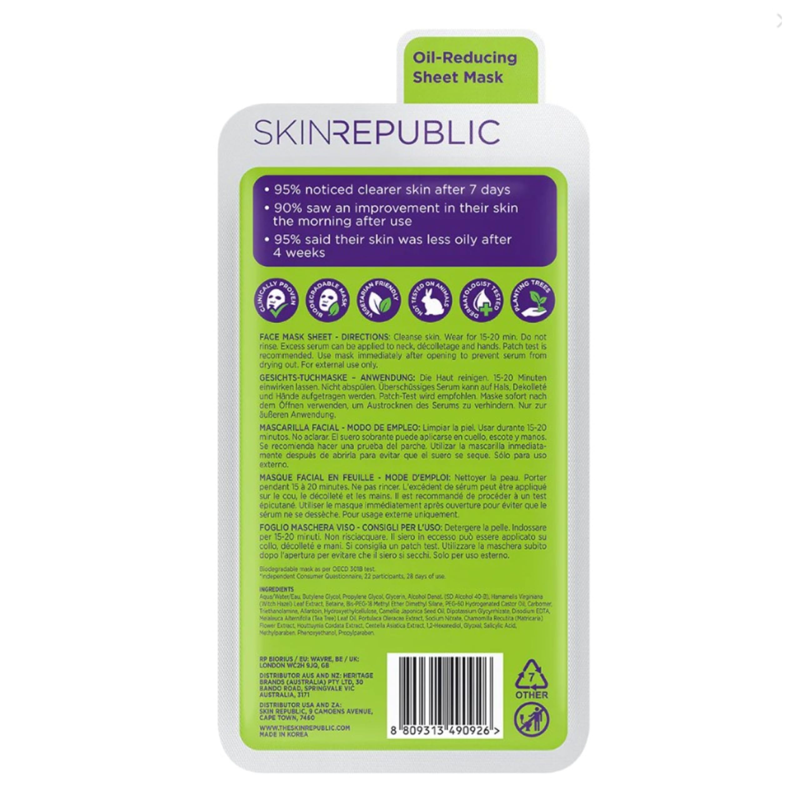 Skin Republic Spots + Blemish Tuchmaske – Anti-Pickel Gesichtsmaske mit Salicylsäure & Teebaum, klinisch bewiesen klarere Haut nach 7 Tagen, porenreinigend & entzündungshemmend, 10er Pack (10 Stück)