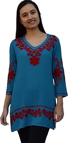 Ayurvastram Nia - Túnica de cuello de rayón crepé bordada, parte superior, blusa