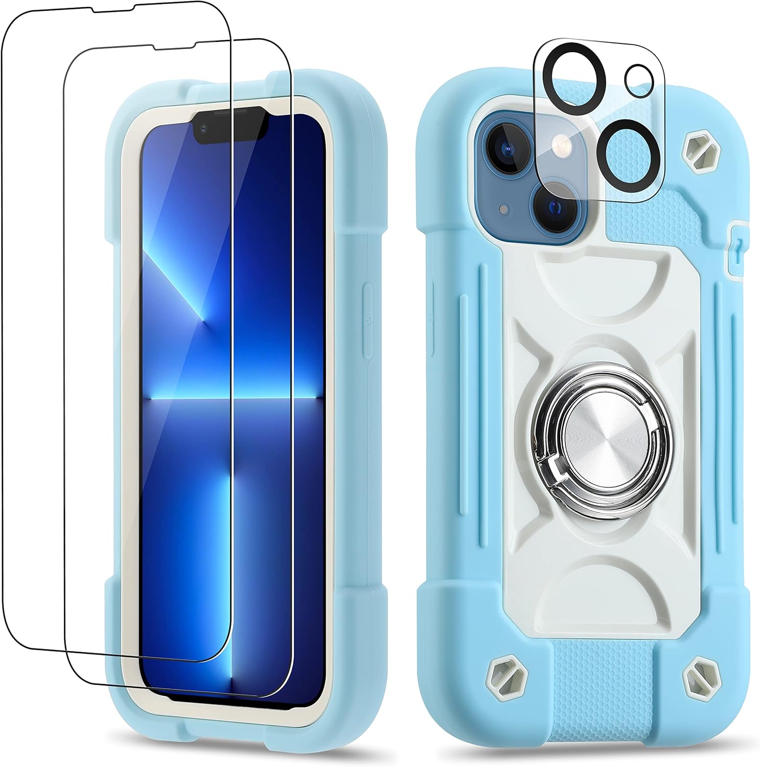 for iPhone 14 Case/iPhone 13 Case Inch with Ring Stand, with 2 Pack Glass Screen Protector + 1 Pack Camera Lens Protector,Heavy-Duty Shockproof Military Grade Rugged Cover (Ice Blue)