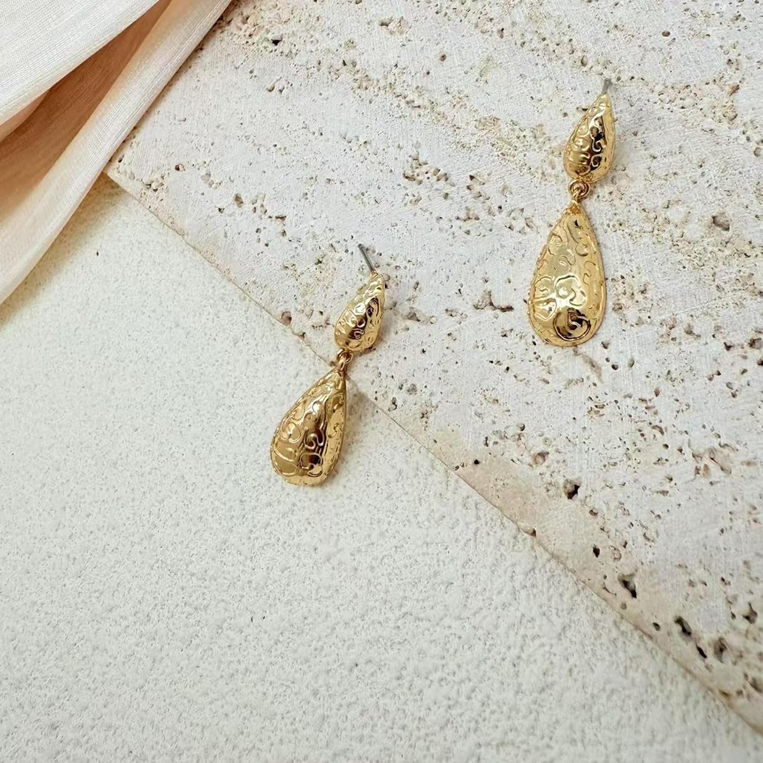 Gold Earrings 14K Gold Plated Waterdrop Earrings Lightweight Polishing Brushed Hammered Droplet Double Gold Teardrop Dangle Earrings for Women Trendy Gift - Image 4