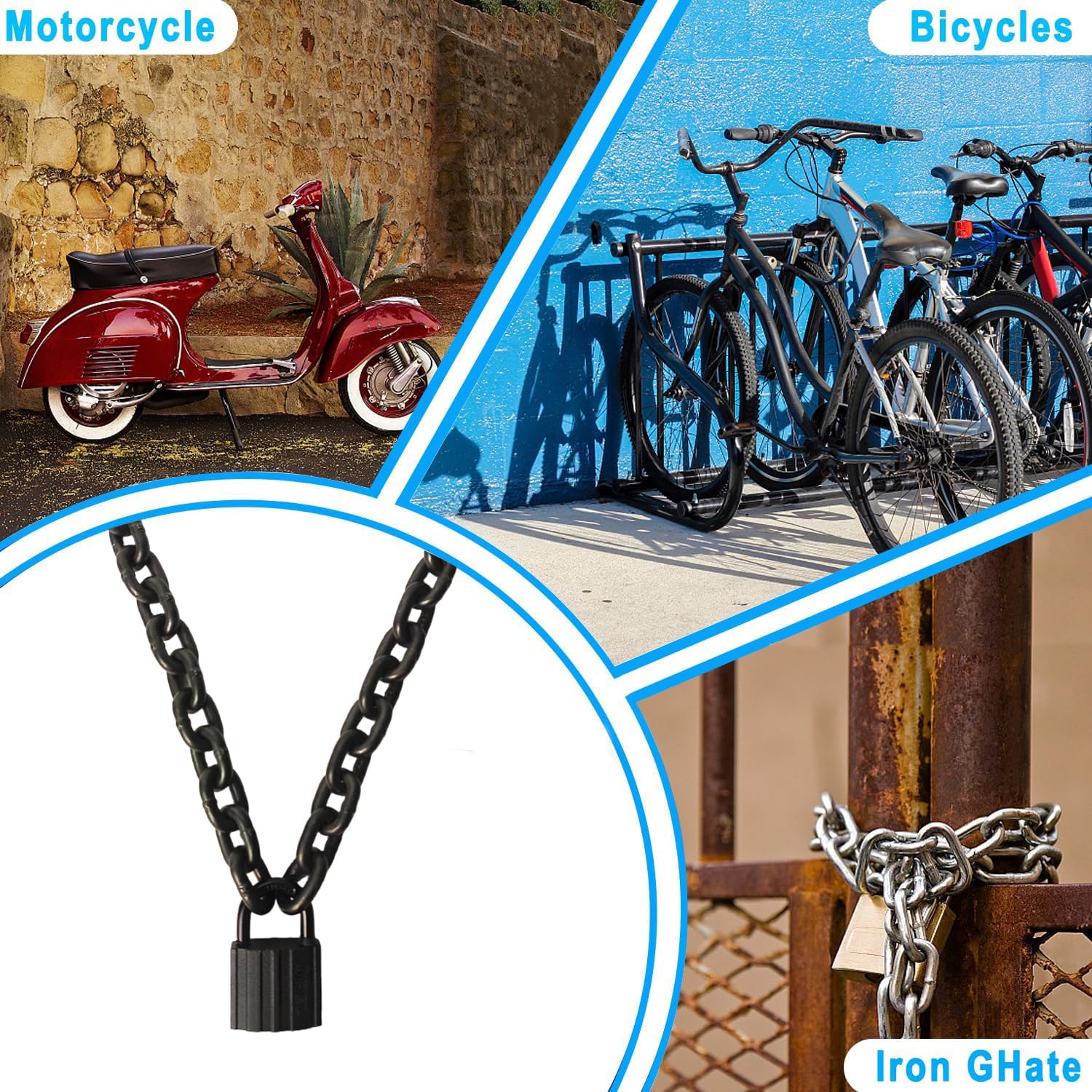 Catena di sicurezza, 109 cm, resistente, 8 mm, in acciaio al manganese G80, antiruggine e antifurto, catena con lucchetto per bici, scooter, moto, porte, cancelli, recinzioni