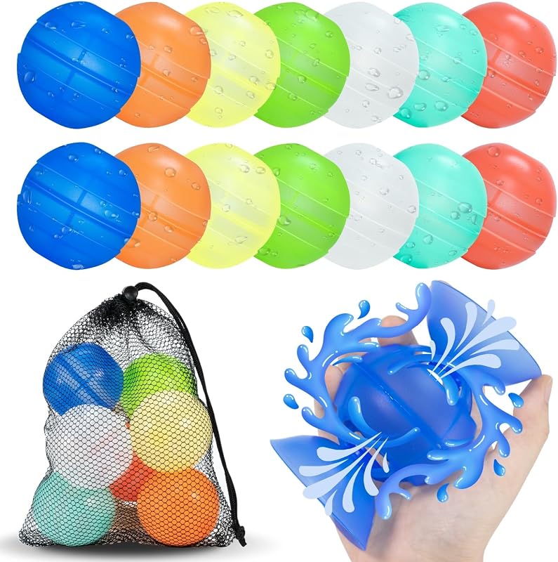 Reusable Water Balloons 14 Pack Unique Double Water Inlet Silicone Water Bomb Pool Toys Non-Magnetic Quick Fill Self Sealing Water Splash Balls Games for Kids 3-12 Summer Outdoor Beach Activities Gift