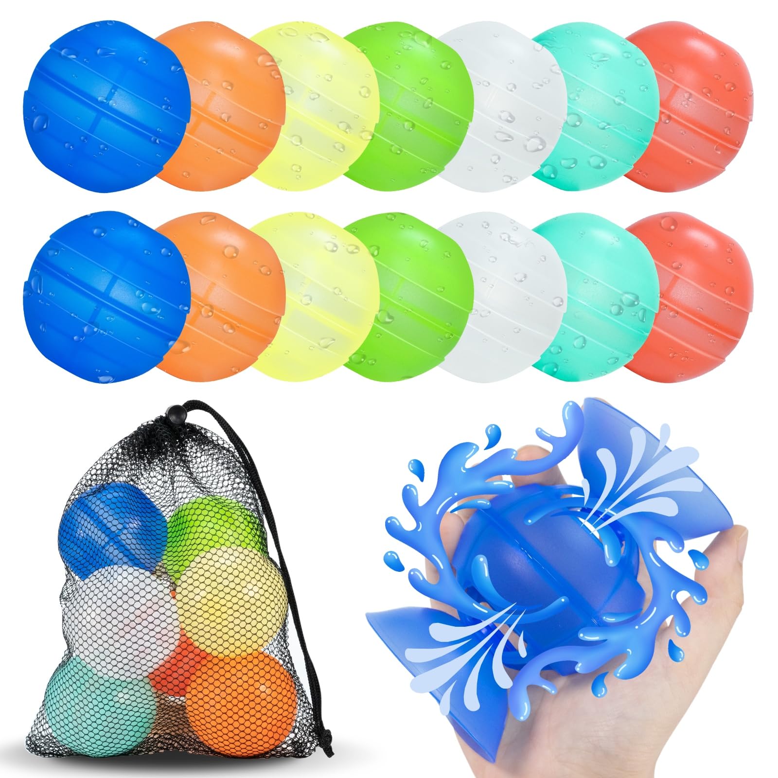 Reusable Water Balloons 14 Pack Unique Double Water Inlet Silicone Water Bomb Pool Toys Non-Magnetic Quick Fill Self Sealing Water Splash Balls Games for Kids 3-12 Summer Outdoor Beach Activities Gift