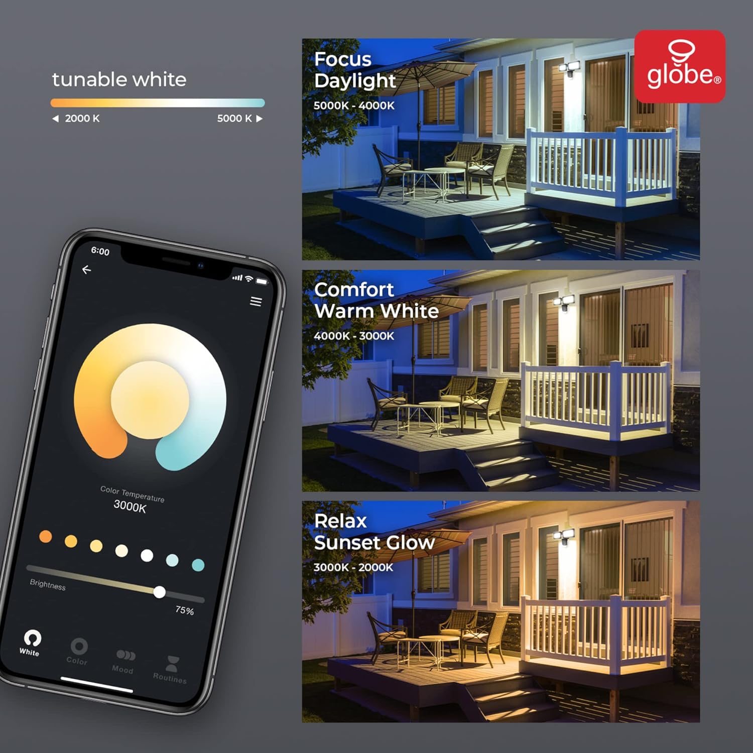 Smartphone app interface showing tunable white light settings with examples of different color temperatures