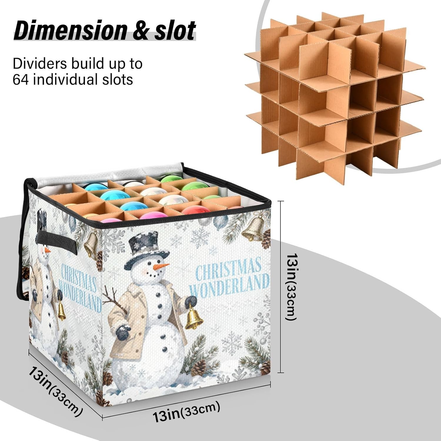 High Capacity Christmas ornament storage bag Holds Up to 64, Adjustable Dividers sturdy Holiday Storage Case with Lid,Nordic White Christmas Snowman