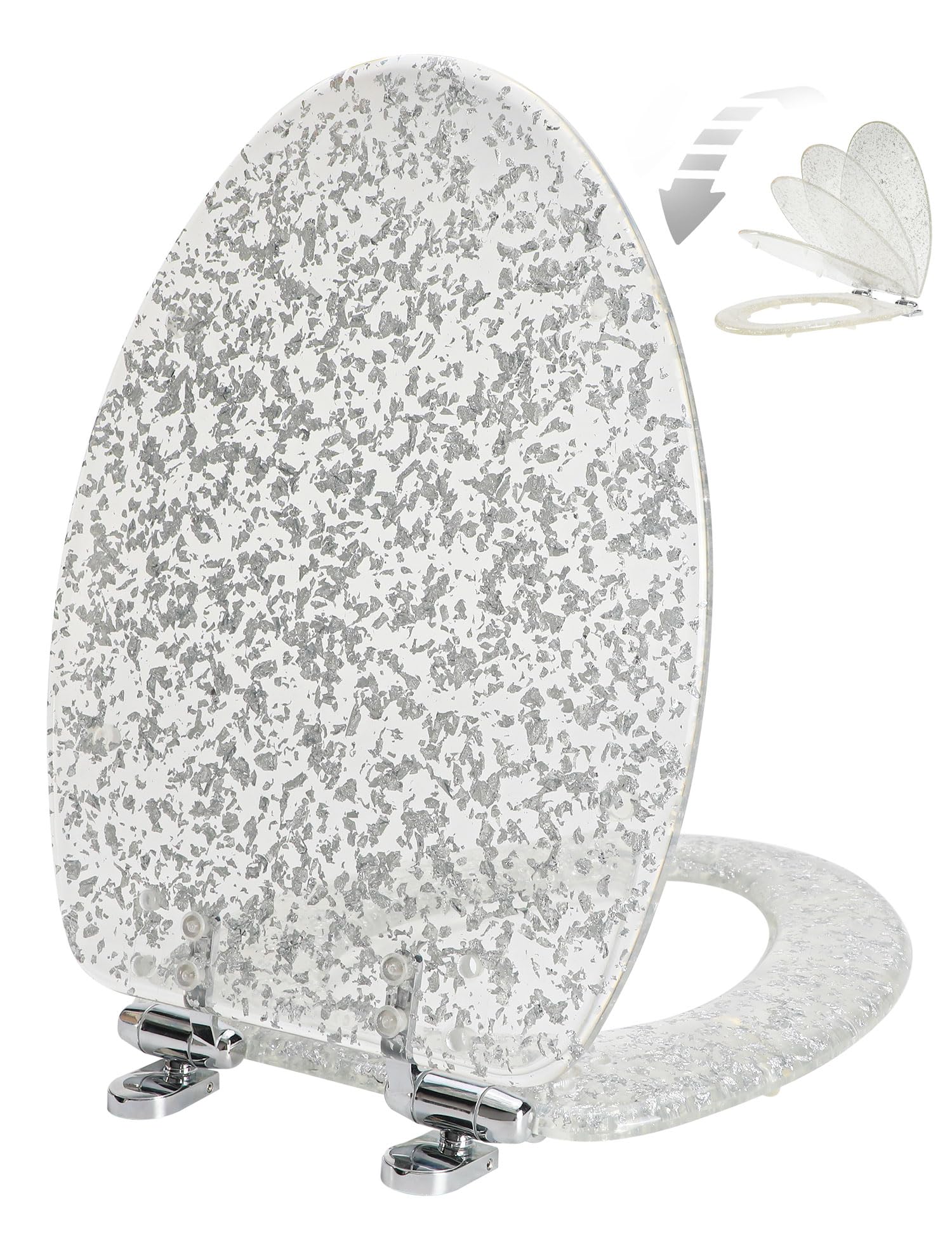 Photo 1 of **Untested**
Elongated Resin Toilet Seat Glitter Silver, Slow Quiet-Close Lid and Seat, Heavy Duty Toilet Seats for Standard Toilet, Easy Installation & Cleaning (19Inch, Silver Foil, Upgraded hinges)