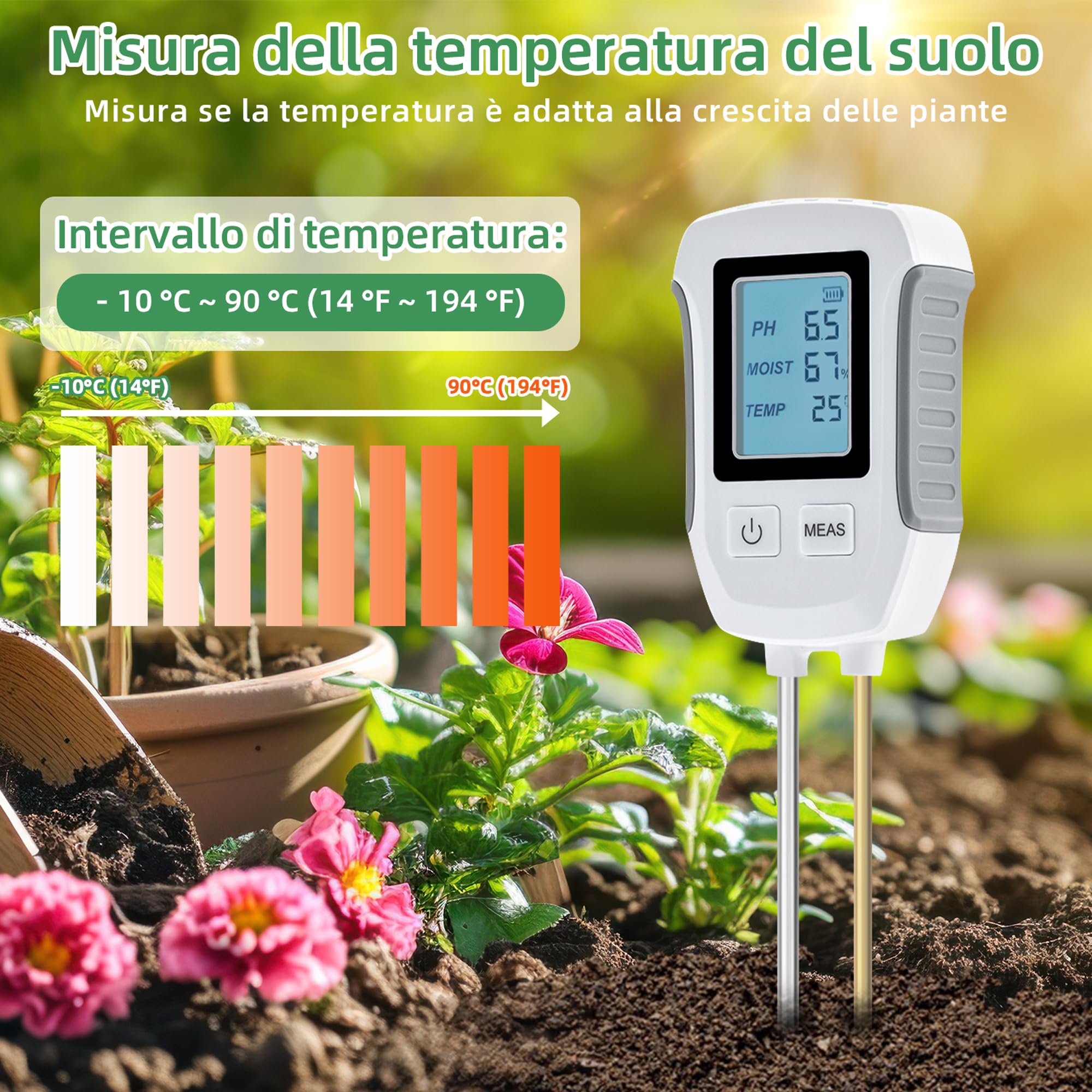 Mcbazel Misuratore PH del Suolo 3 in 1, Test del Suolo a Base Acida Rilevamento Temperatura umidità Tester di umidità con LCD retroilluminato Compatibile con Giardinaggio/Piante in Vaso/Fattoria