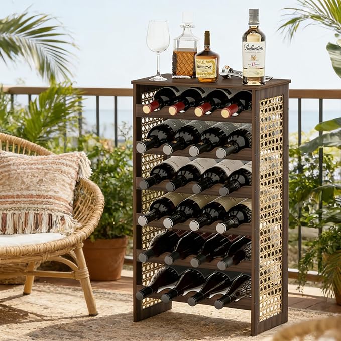 Estante para Vino 24 Botellas, Pino y Rattán, Estilo Boho, De Pie miniatura 2