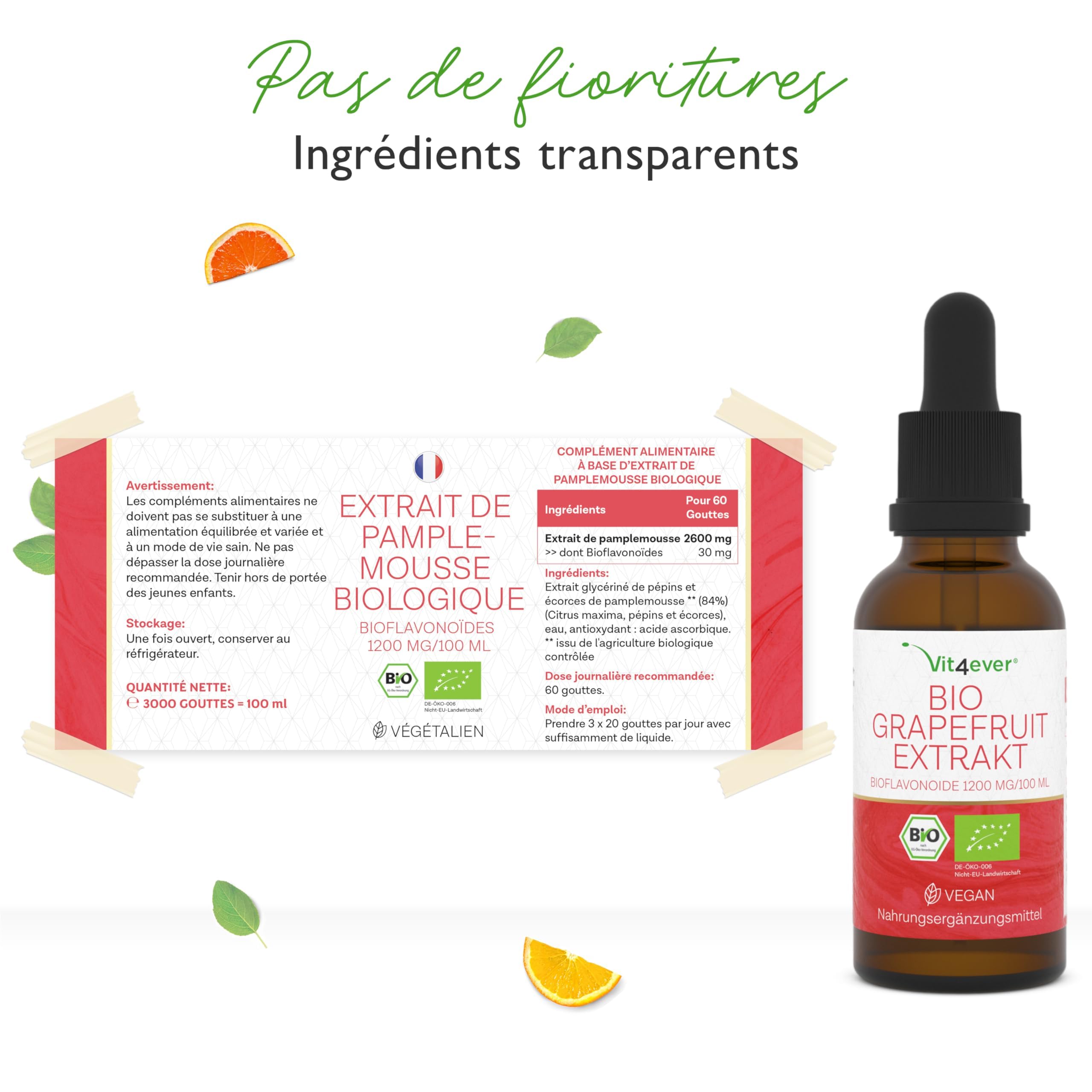 Extrait de pamplemousse bio - Hautement dosé avec 1200mg de bioflavonoïdes / 100ml - Premium : Extrait de pépins et d'écorce de pamplemousse - Certifié biologique - Testé en laboratoire