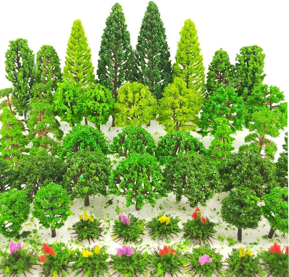 BLEBRDME 60 Pieces Model Trees 1.36-6 inch Mixed Model Tree Train Scenery Architecture Trees Fake Trees for DIY Crafts, Building Model, Scenery Landscape Natural Green