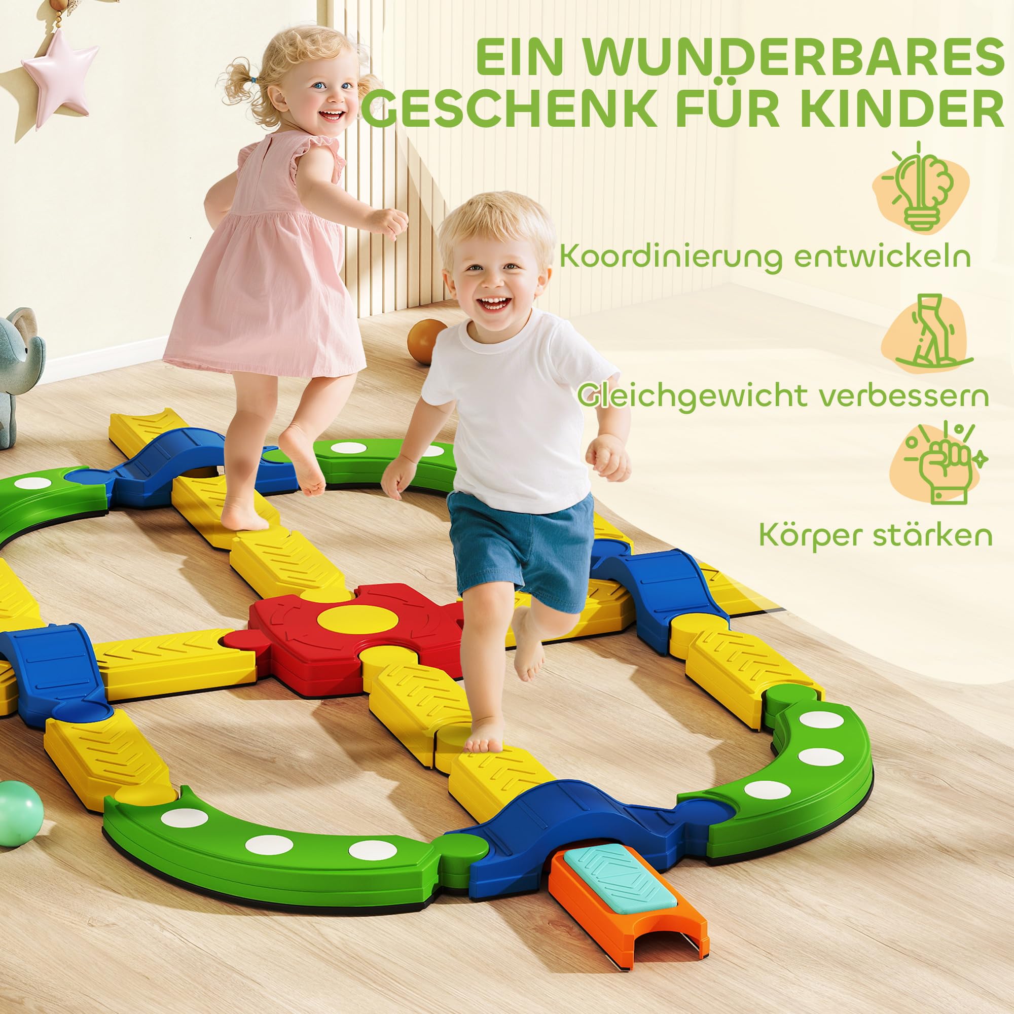 AIYAPLAY Balancierbalken Kinder Schwebebalken mit 25 Balanciersteine frei kombinierbar Montessori-Spielzeug mit rutschfester Oberfläche für Kinder von 3-8 Jahren, für Drinnen Draußen für Koordination