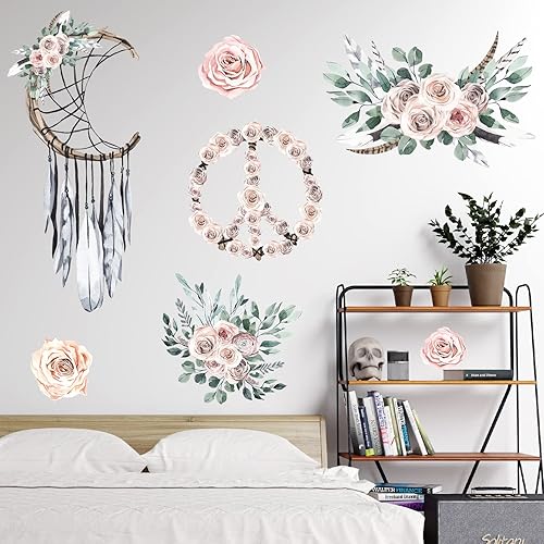 Miniatura 6 de Calcomanías de pared bohemias con diseño de peonías, atrapasueños, acuarela, calcomanías de pared florales, murales artísticos decorativos