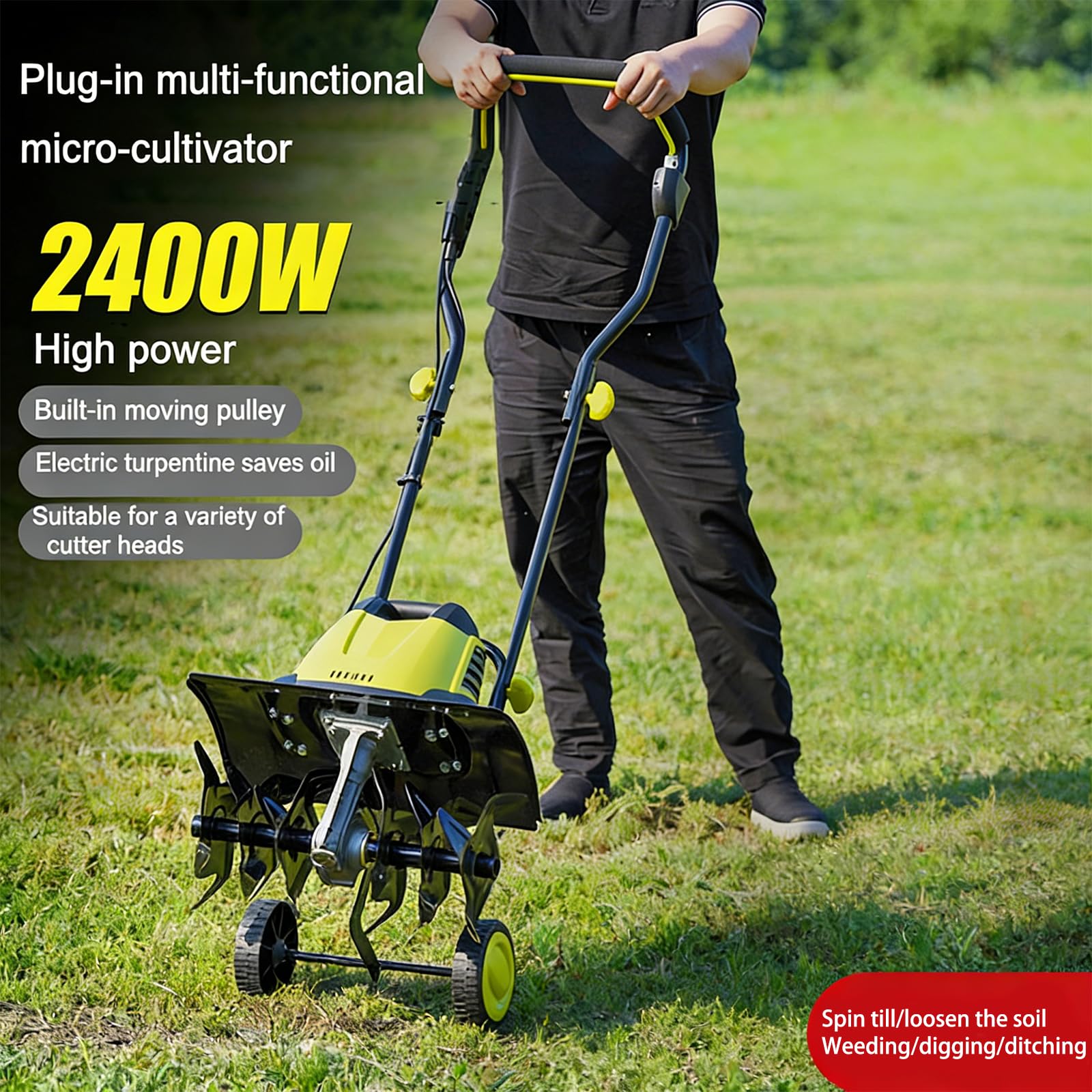Generico Elettrico Coltivatore 2400 W, Diserbo con 3 Lame, Cavo di Prolunga, profondità di Lavorazione 22 Cm, Larghezza di Lavoro 45 Cm, Motozappa Multifunzionale per Giardino