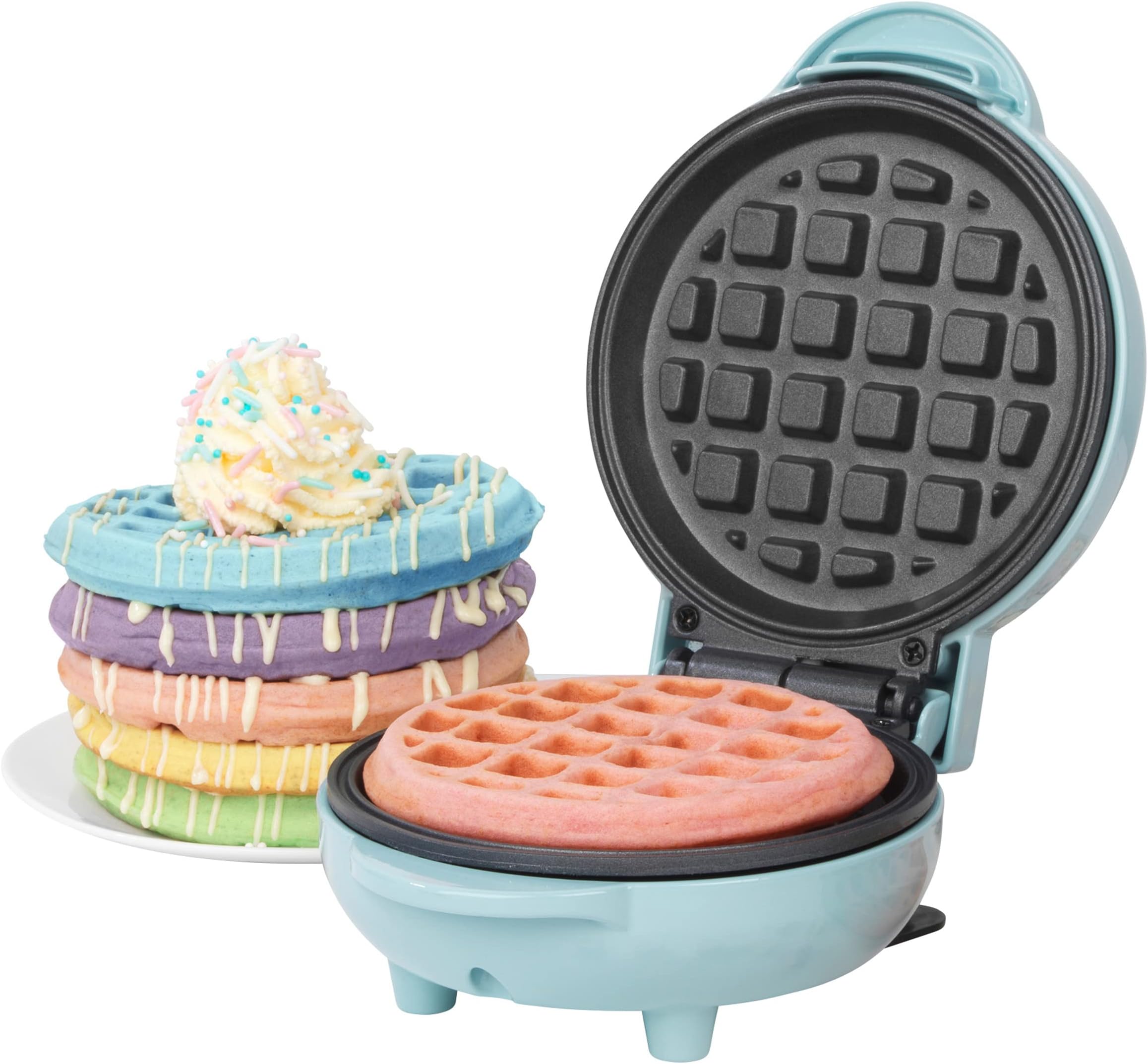 Giles & Posner EK4214GSBL Mini Waffle Maker – Non-Stick Waffle Iron Machine, For Belgian & American Style Waffles, Sweet/Savoury Snacks Desserts, Compact, 11.5 cm Round Cooking Plate, Pastel Blue