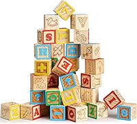 SainSmart Jr. 40PCS Wooden ABC Stacking Blocks - Alphabet Letters, Numbers, Animals for Toddlers, 1.2 Inch Safe Cubes