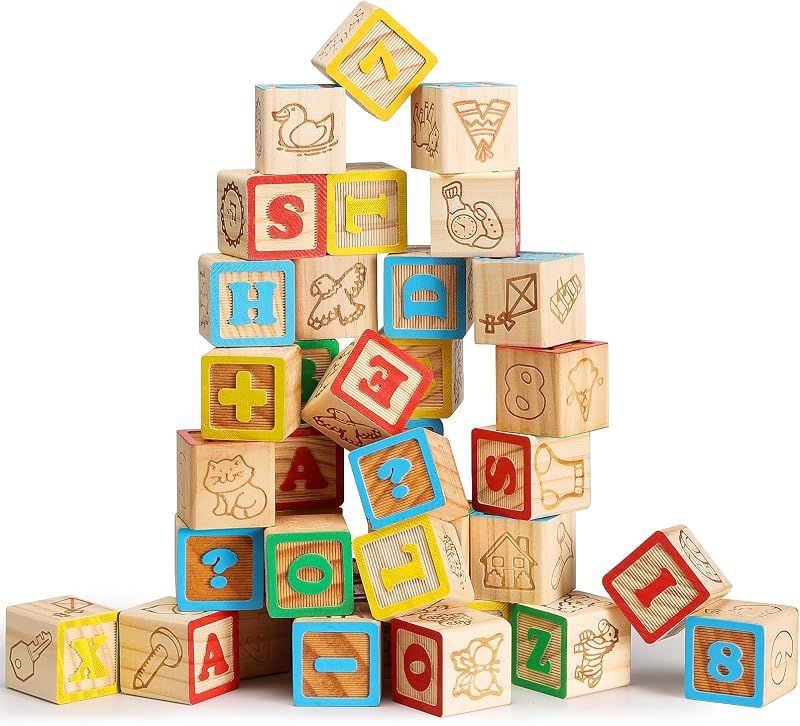 Wooden ABC Blocks 40PCS Stacking Blocks Baby Alphabet Letters, Counting, Building Block Set for Toddlers 1.2 Inch
