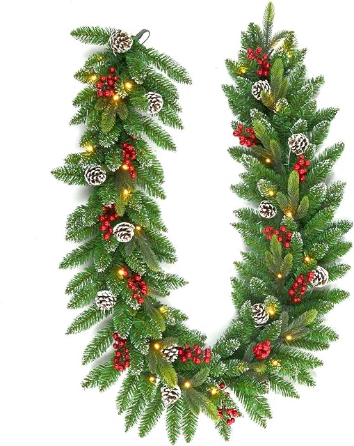 SHATCHI 2m Lit Christmas Tree Garland Green Pre Berries And Pine Cones Frosted Tips Home Door Mantel Fireplace Xmas Light Up Hanging Decor, PVC, 2 meter