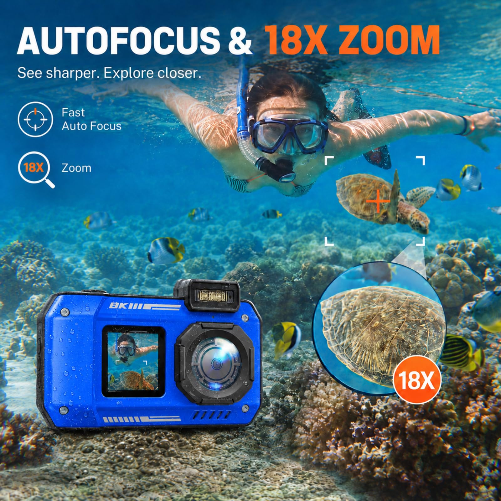 MaxMango D50 33FT Cámara Digital Impermeable, 8K 70MP Cámara Acuática con 16 GB, Cámara de Fotos con 2.88" Doble Pantalla 18x, Resistente al Polvo y a los Golpes, Autofocus - Azul
