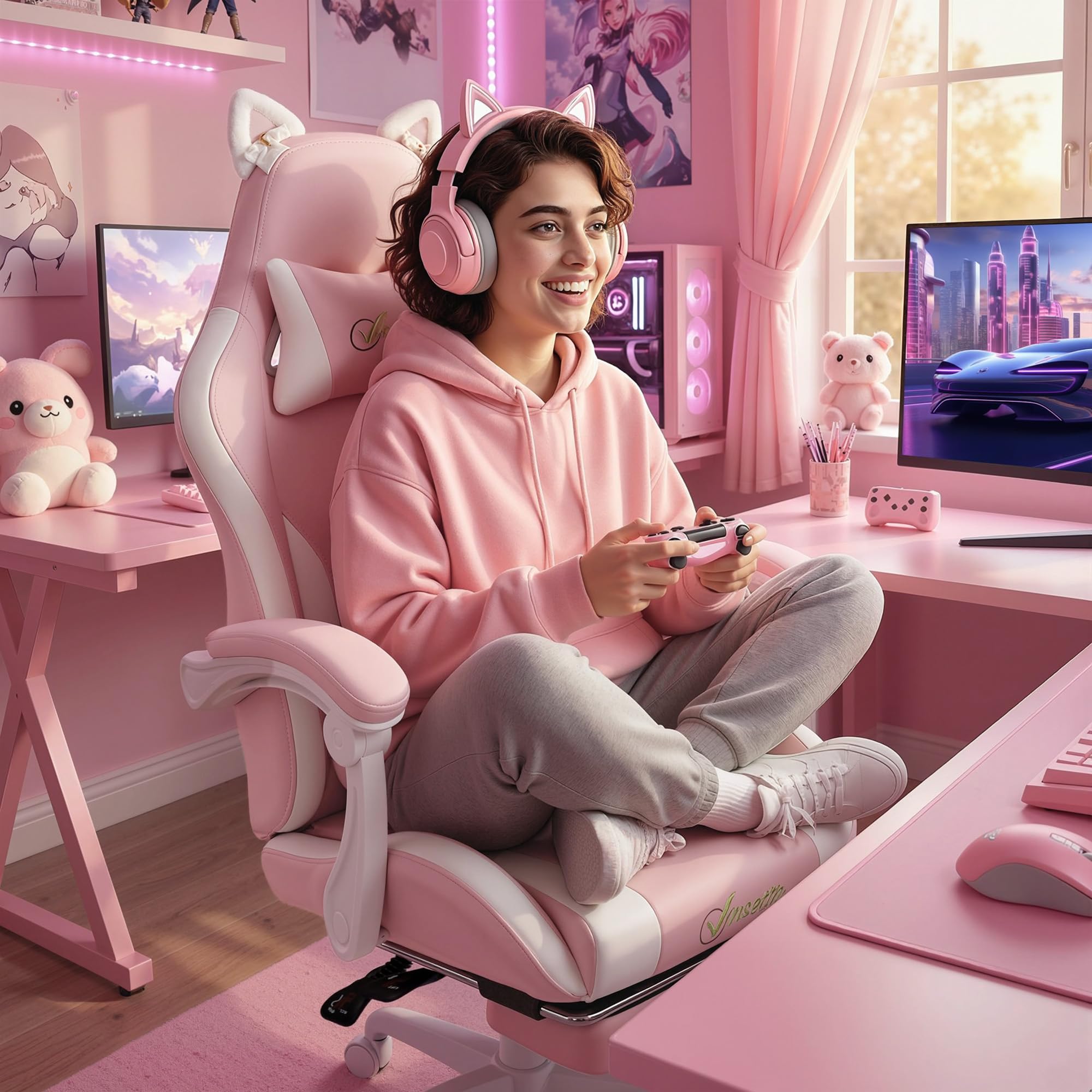 Vinsetto Sedia Gaming Ergonomica con Orecchie da Gatto, Poltrona Gaming Ufficio Reclinabile in Finta Pelle con Poggiapiedi, Poggiatesta e Altezza Regolabile, Supporto Lombare e Cervicale, Rosa