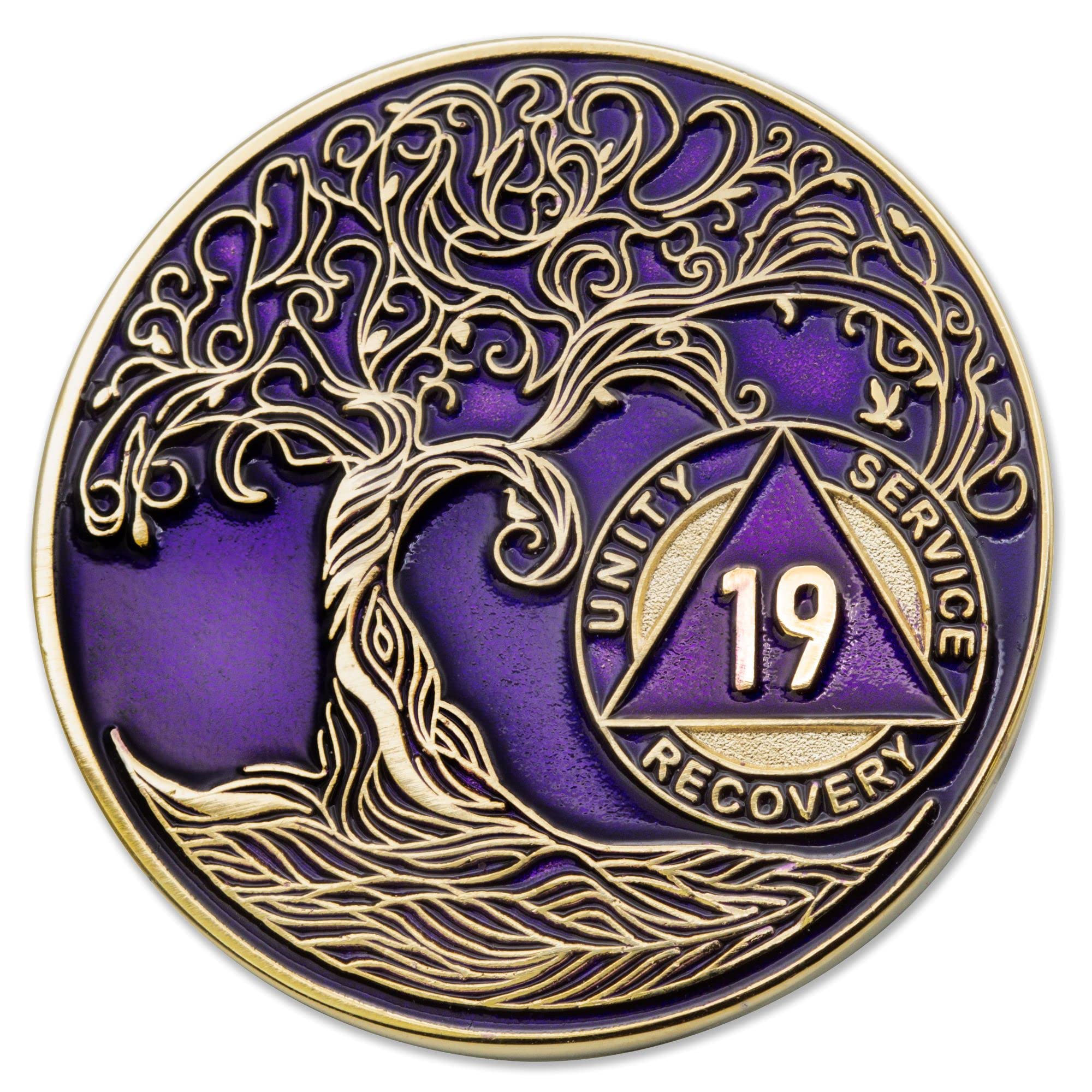 1 to 50 Year Twisted Tree of Life Sobriety Coin - Gold Plated AA Chips &amp; Medallions - 19 Year Sobriety Coin - Purple