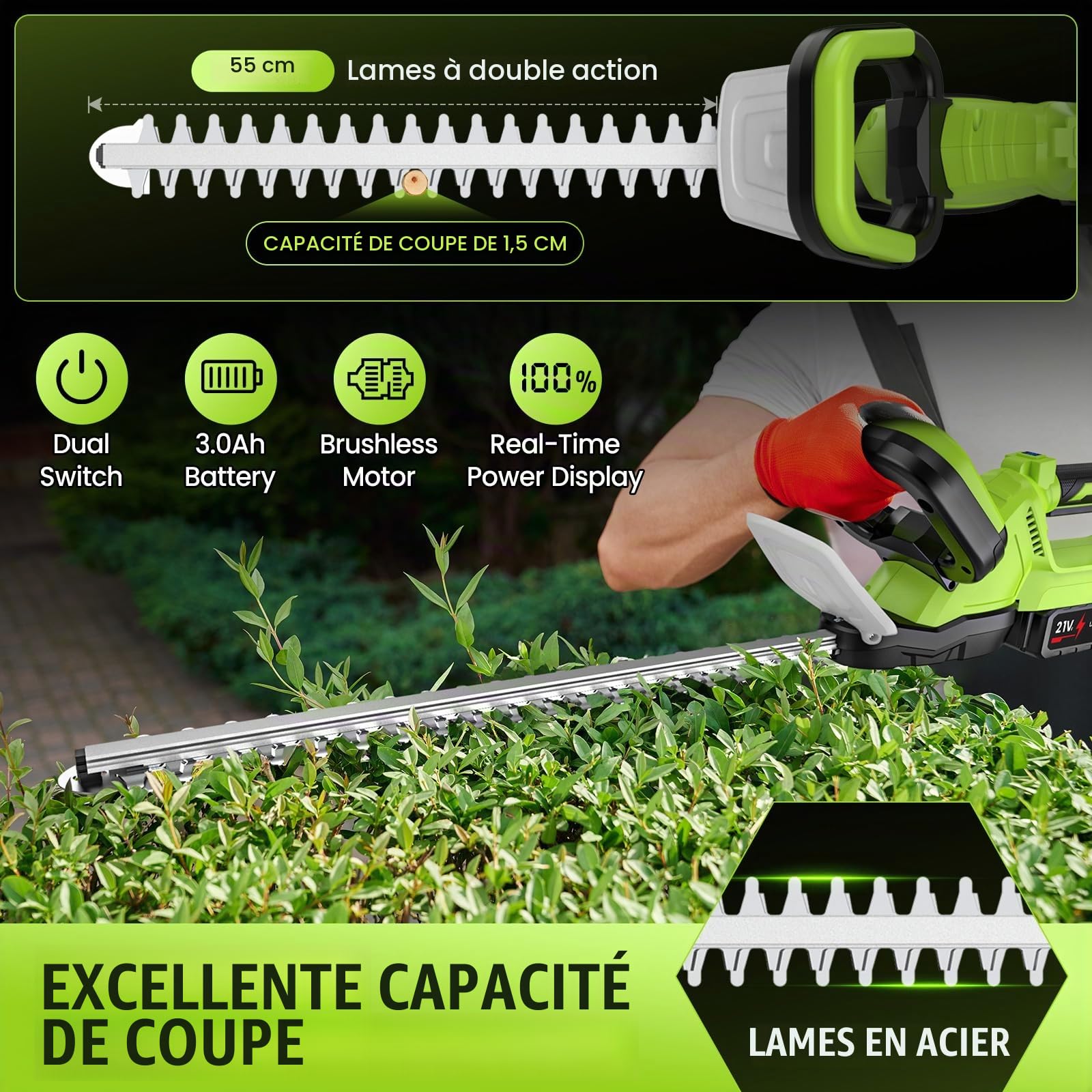 Taille Haie Batterie, 21V Taille Haie Electrique sans Fil