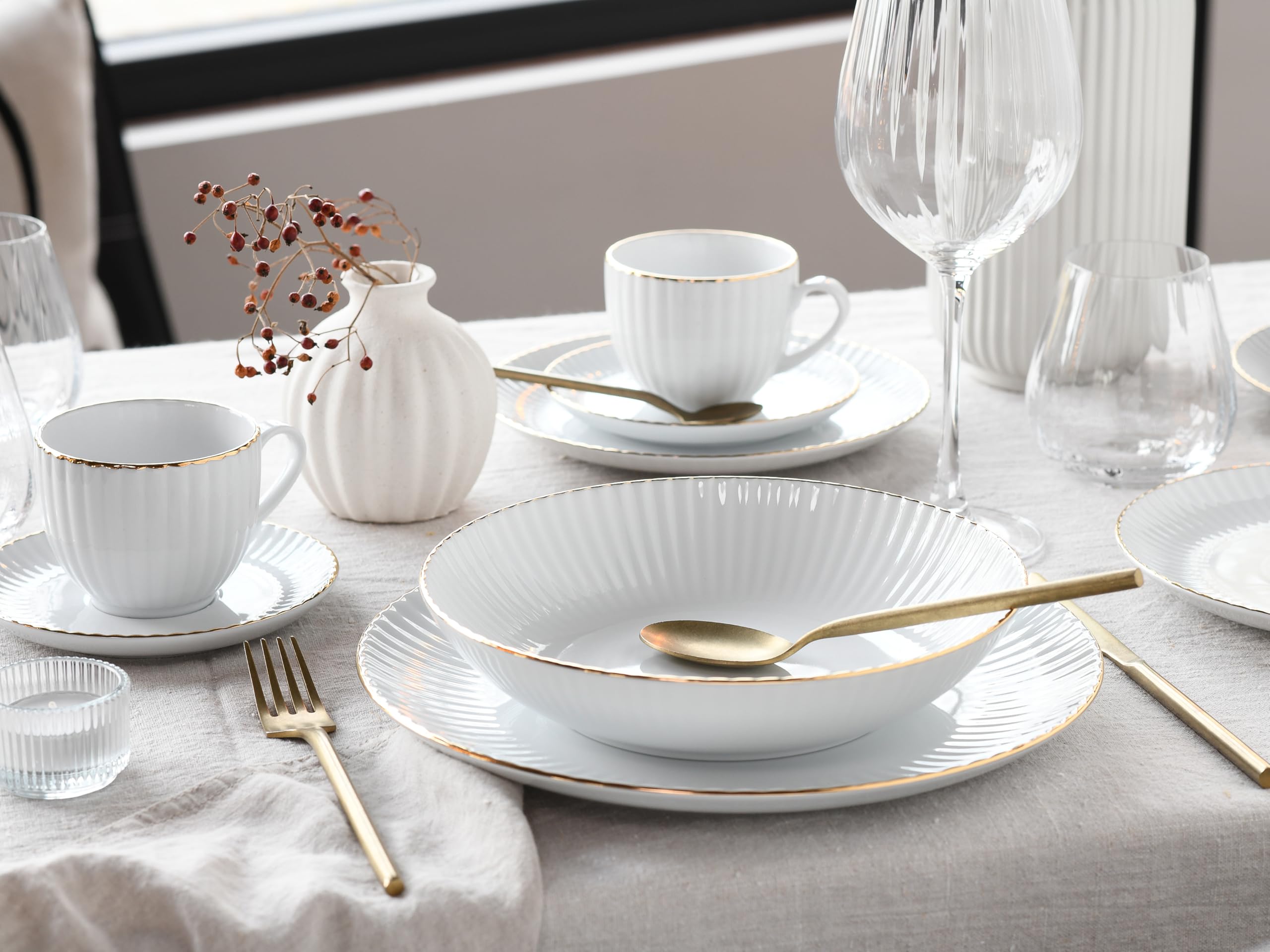 CreaTable, 20753 Allegra Goldband Service de table 30 pièces pour 6 personnes, en porcelaine, fabriqué en Europe
