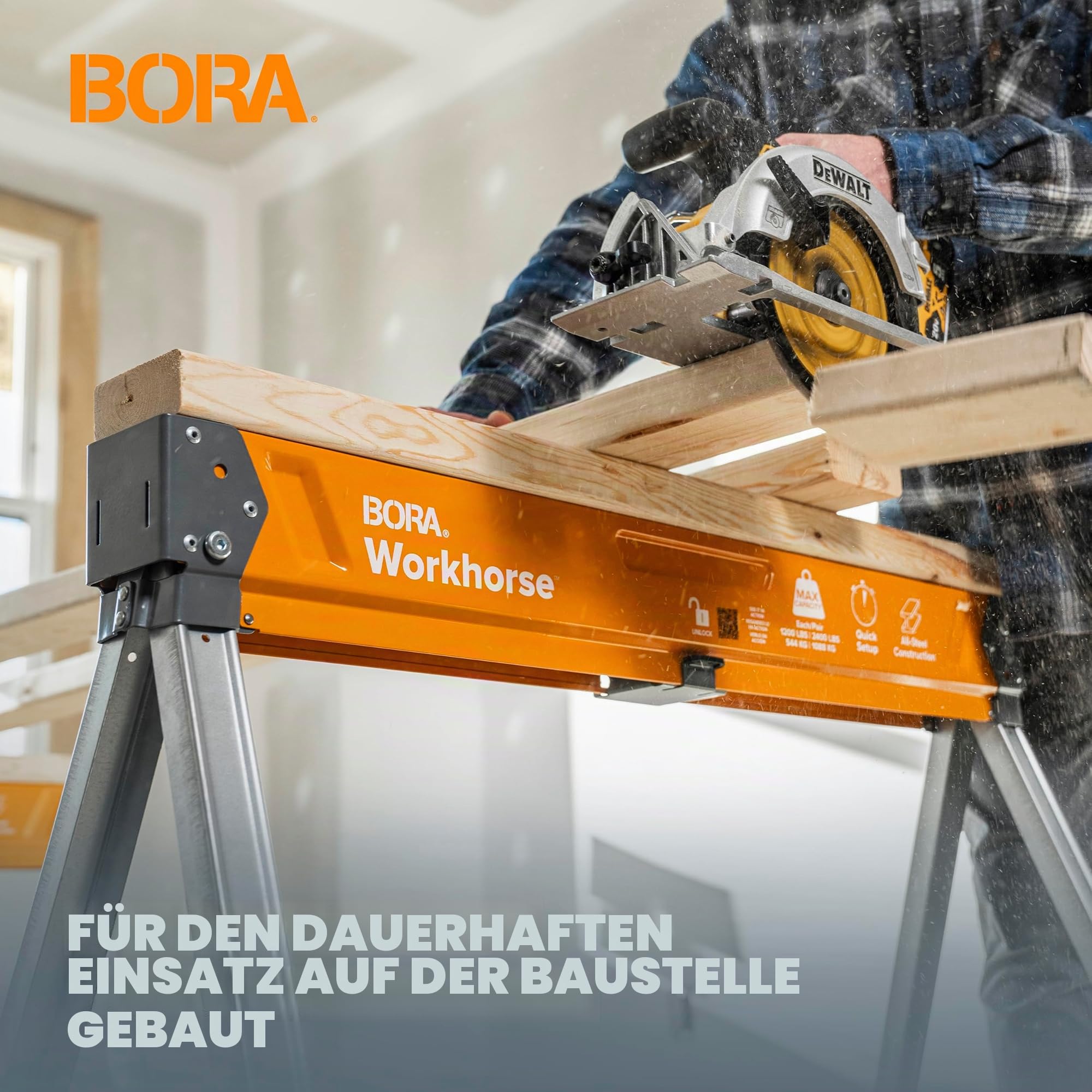 BORA Arbeitsböcke mit robustem Stahlrahmen, 500 kg Tragfähigkeit. Arbeitsbock 2er set. Unterstellblock - PM-3330T, Orange/Abendrot im Zickzackmuster (Sunset Chevron) | Sägebock 2er Set mit 2x4 Halterung & Stahlrahmen – klappbar, tragbar, für Werkbank & Ba