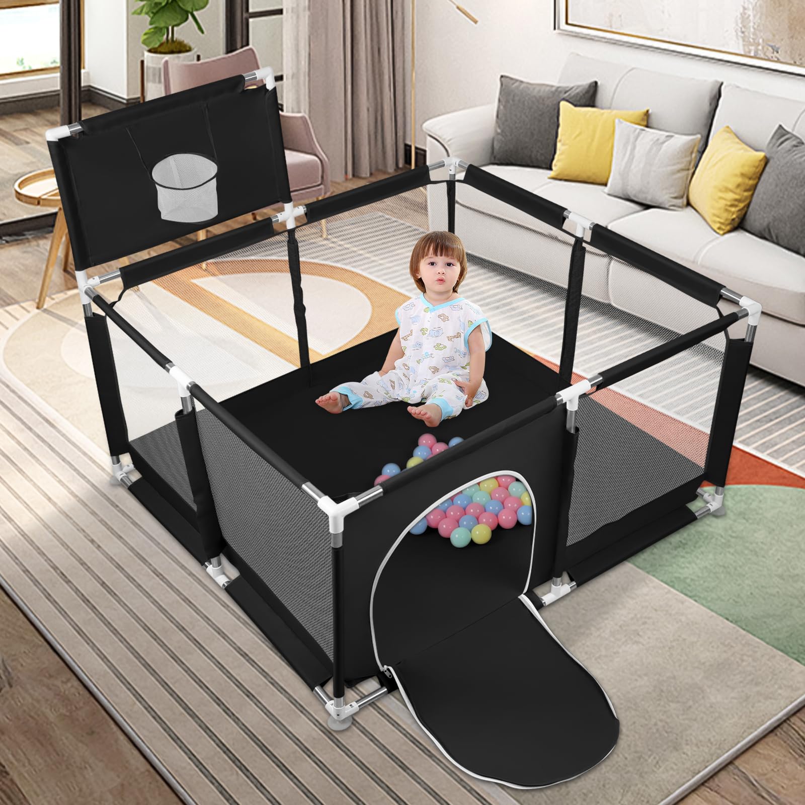 Parc Bébé,d'Activité pour Enfants avec Base,Modulable,Pliable,Grand parc pour enfant en bas âge Avec Porte Zippée,Basketball Rack,Avec 4 Ventouses avec Grille de Protection-126 * 126 * 66cm-Noir