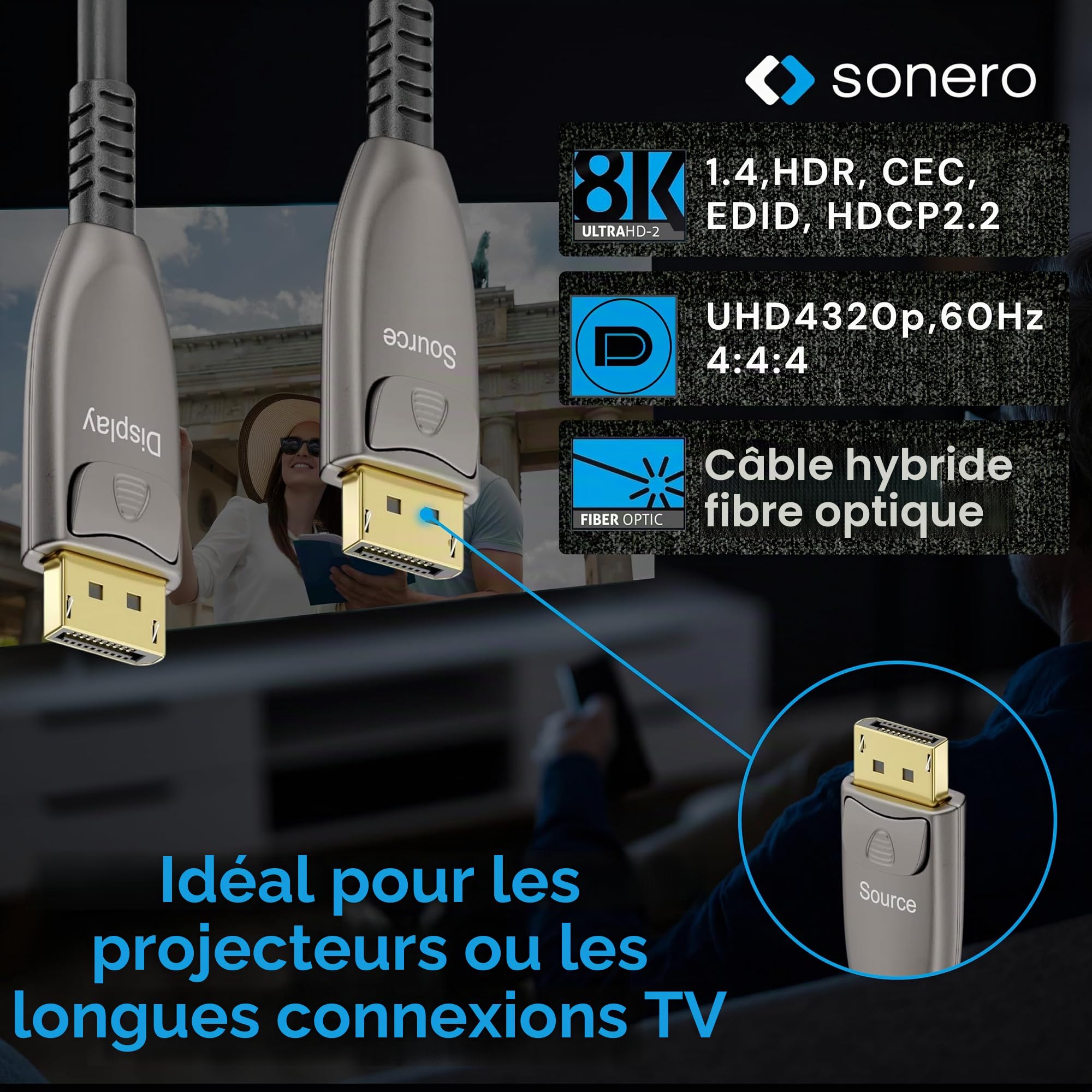 Sonero® Câble 8K-DisplayPort 1.4, câble hybride fibre optique, résolution jusqu'à 8K 60 Hz (7680 x 4320) / 4K 120Hz (3840 × 2160), prise en charge HDR et DSC, anthracite, 10 mètres