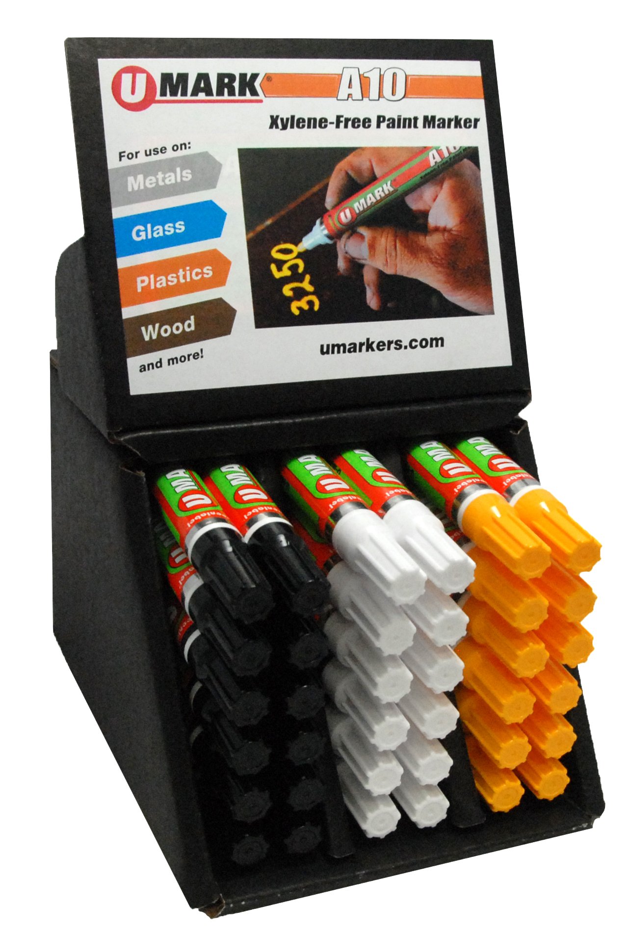 U-MarkA10 Paint Marker Display, White/Yellow/Black (Pack of 36)