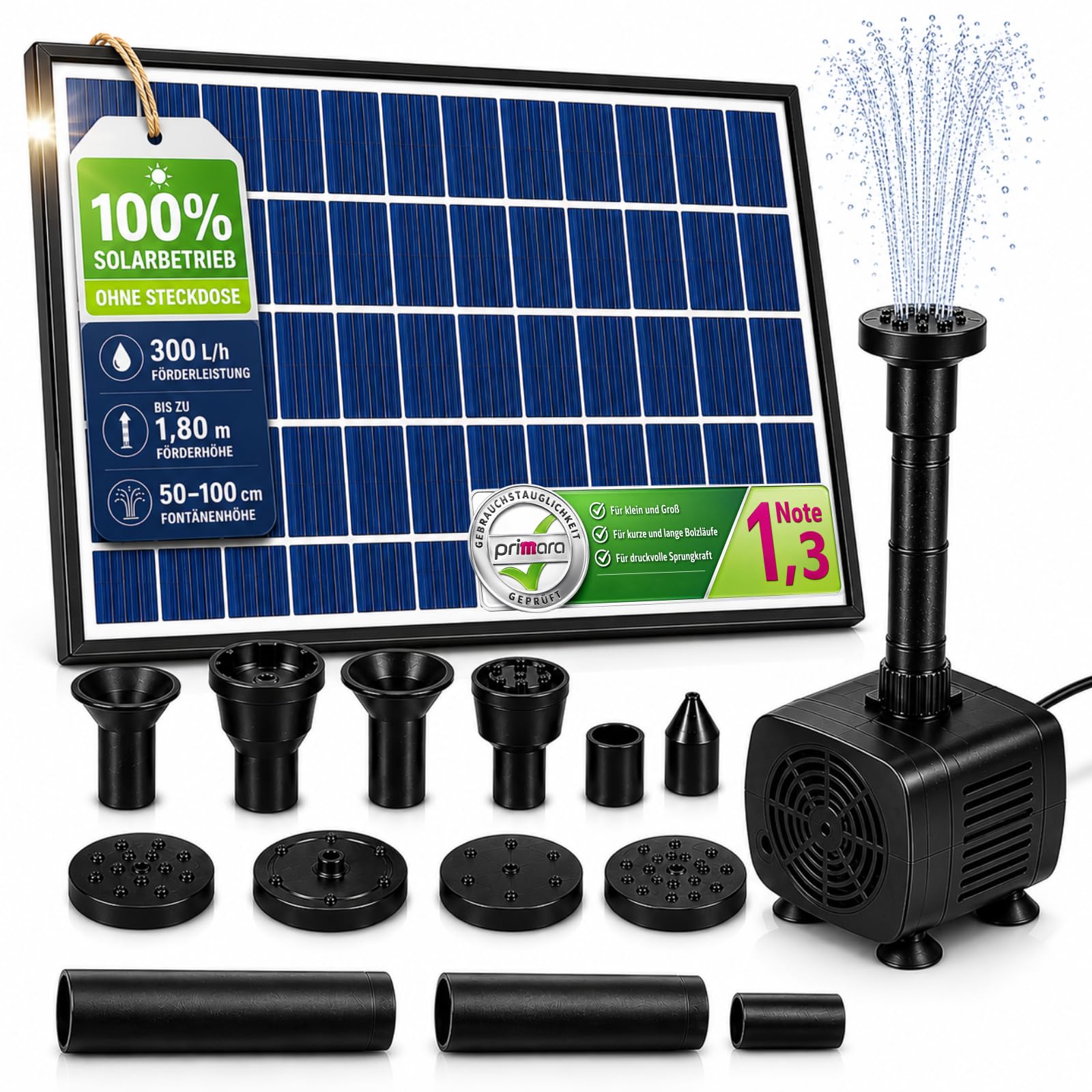MAUK® SOLAR SPRINGBRUNNEN mit Fontäne 300l/h 12V + SAUERSTOFFZUFUHR Fische I Teichpumpe Wasserpumpe für Garten, Vogel-Bad, Gartenteich, Bachlauf I Förderhöhe bis 1,80m