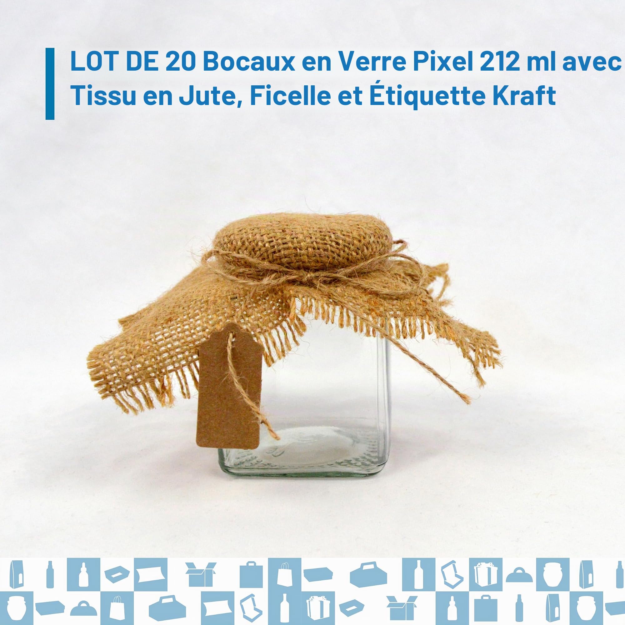 Espirito Rebelde 20x Pot en Verre Carré pour Épices 212ml avec Couvercle + 20 Étiquettes Kraft + Tissu et Ficelle de Jute - Bocaux Rangement Cuisine - Épices, Confiture, Yaourt