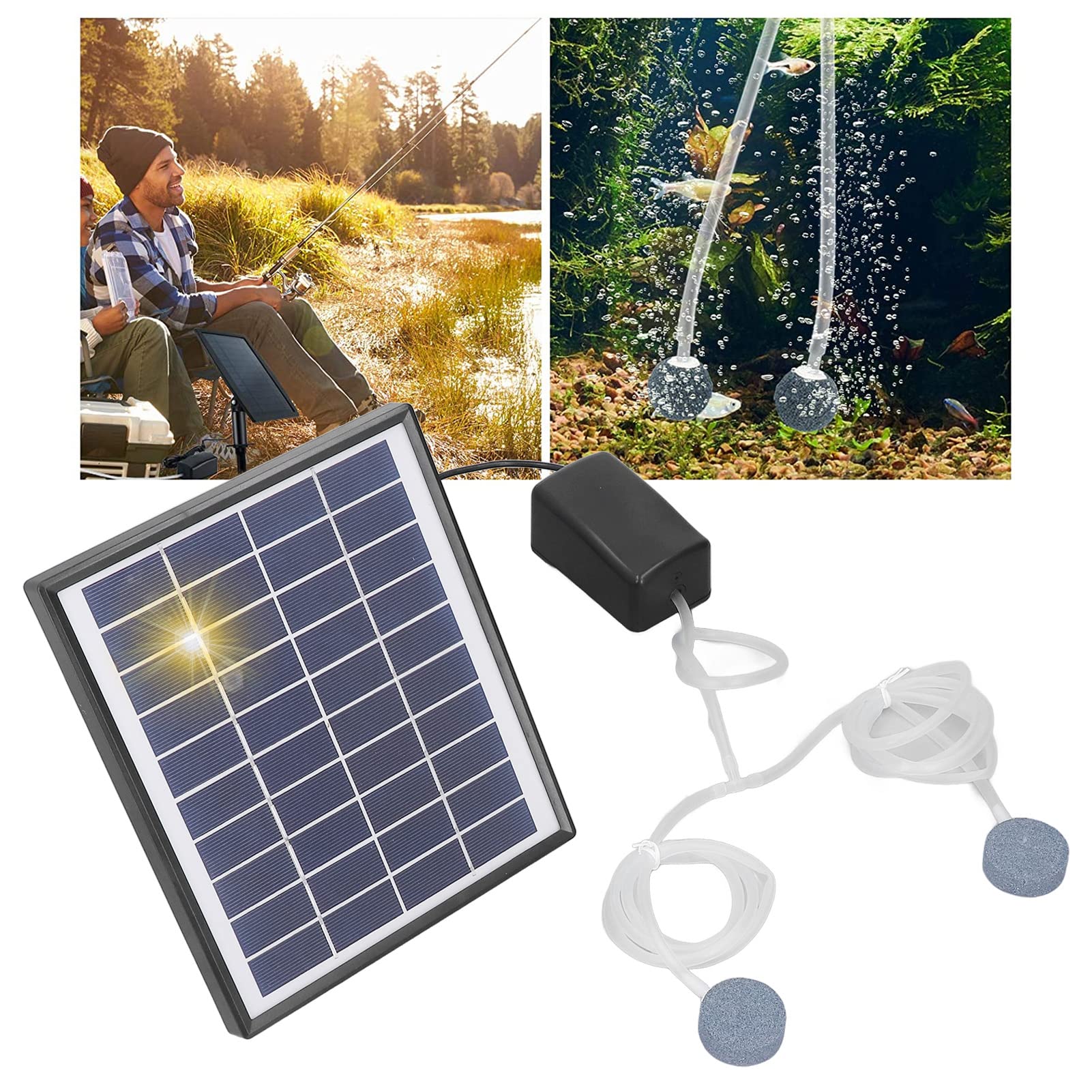 Cocoarm Solar-Teichpumpe, Verstellbares Solarpanel-Luftpumpen-Set, 10 V, 6 W DC, Mikro-Solar-Brunnenpumpe mit 180-Grad-Panel-Blasenstein für Fischteich, Tank, Stromausfall, Angeln