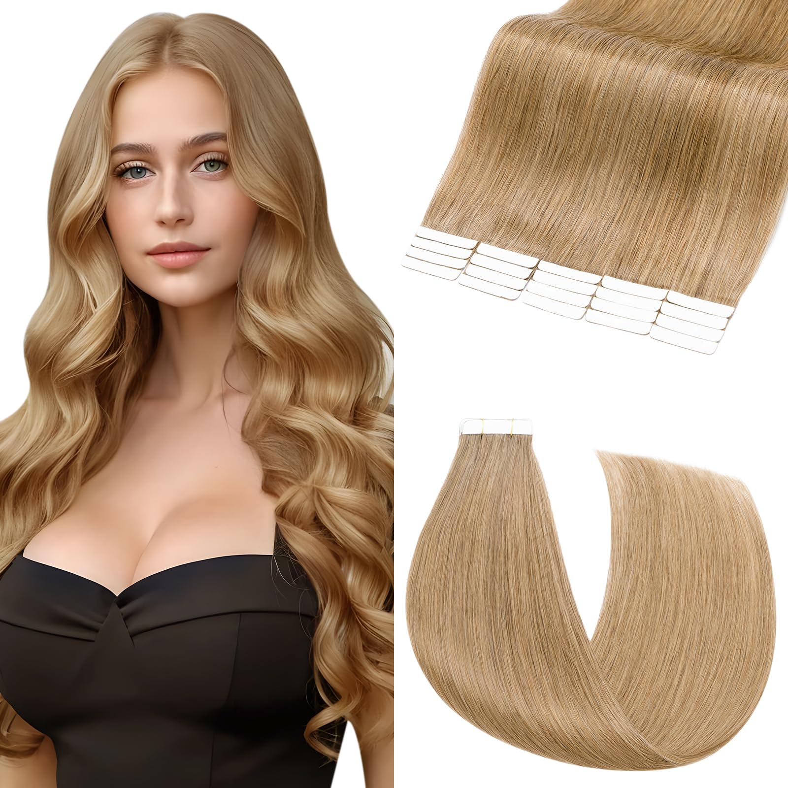 Elailite Tape in Hair Extensions Human Hair 20 Pcs, Seamless Skin Weft Real Remy Hair Extension Straight (#27 Dark Blonde
