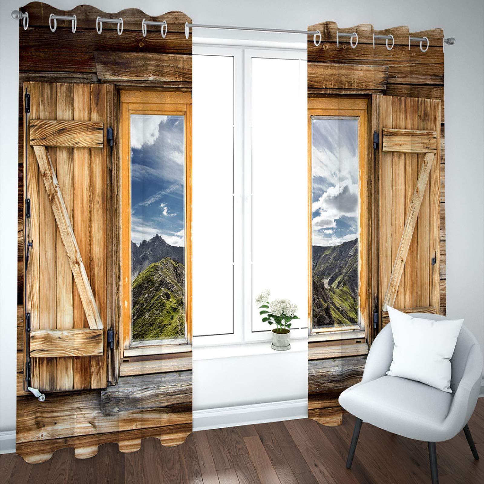 Cortinas Habitacion Juvenil Opacas 2 Piezas 3D Ventana De Madera Paisaje Alpino Patrón Cortinas Salon Dormitorio Modernas para Ventanas Decoración para Hogar 264X240Cm Termicas Aislantes con