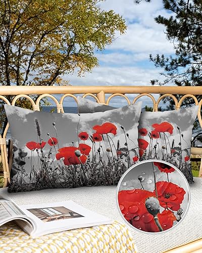 Miniatura 8 de Juego de 2 fundas de almohada abstractas de flores rojas y campos de amapola para exteriores, fundas de almohada decorativas impermeables, fundas de