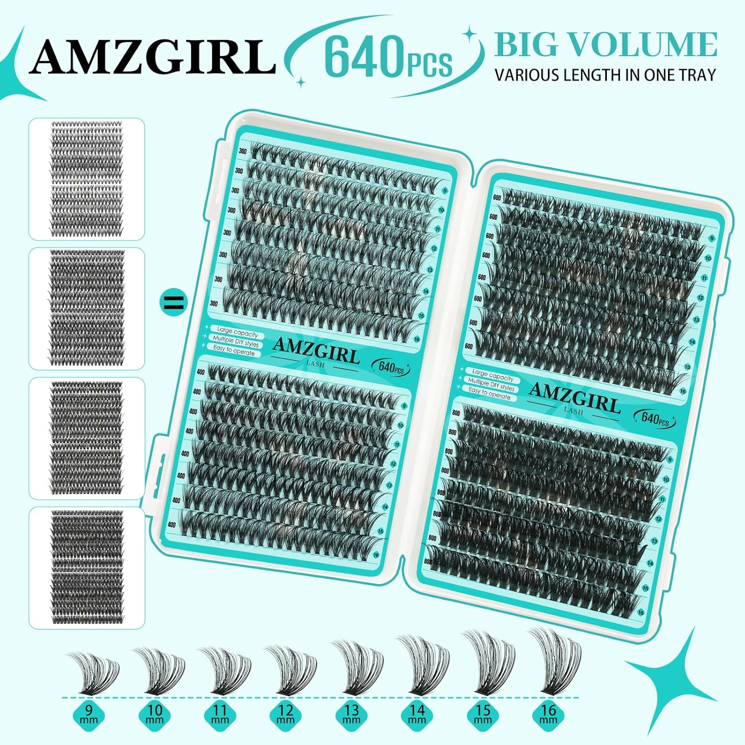 Lash Clusters Kit 640Pcs, 30D+40D+60D+80D Eyelash Extension Kit, Lash Bond and Seal Waterproof, Lash Remover, Lash Applicator Tool and Function Brush for DIY Lash Extension Kit(D-Mix9-16mm Kit)
