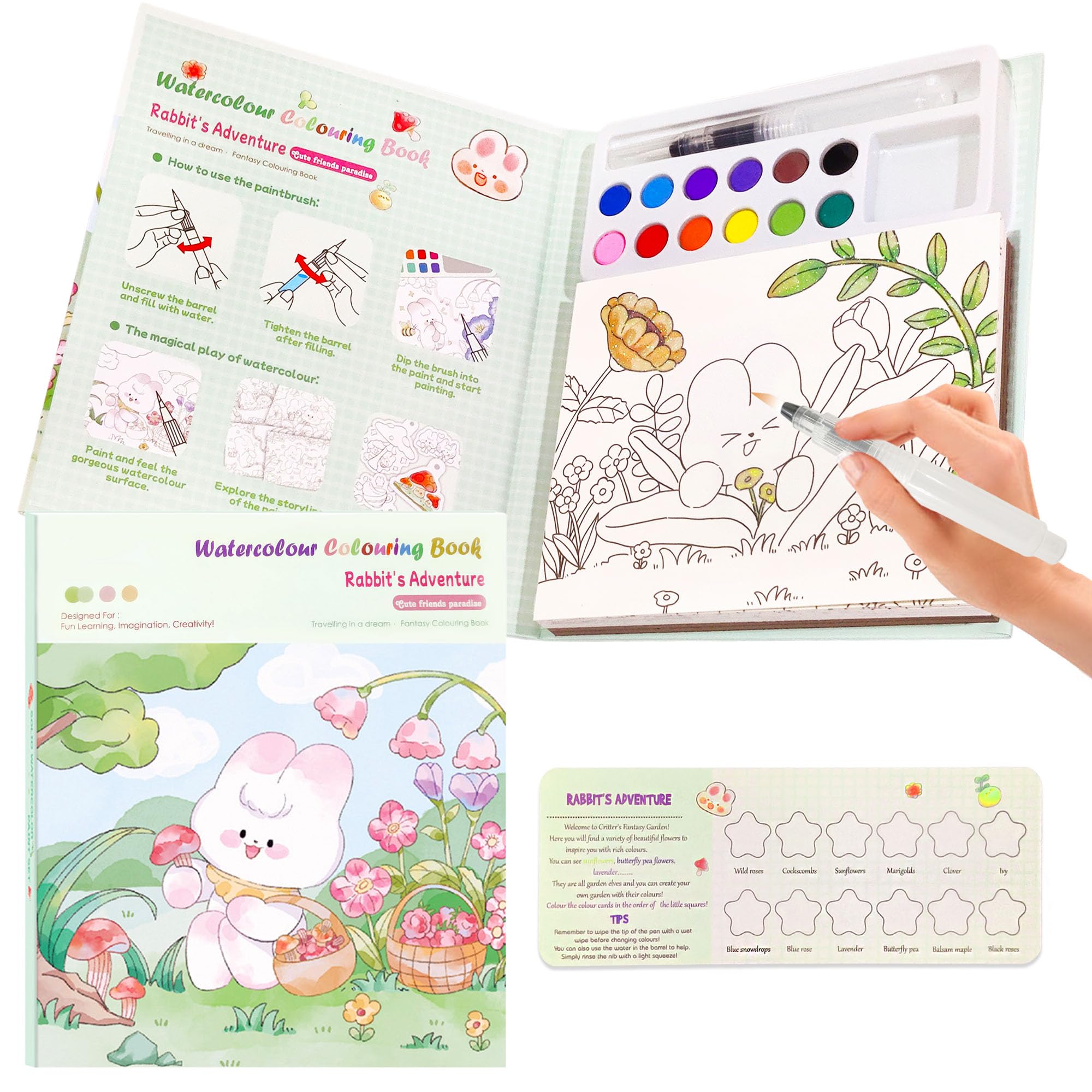 FunBlast Watercolor Painting Book Set – DIY Graffiti Coloring Note-Book with Watercolor Gouache Brush, Creative Cartoon Coloring Book, Dip Water to Paint Painting Set for Kids, Boys, Girls, Childrens (Rabbit)-image-29