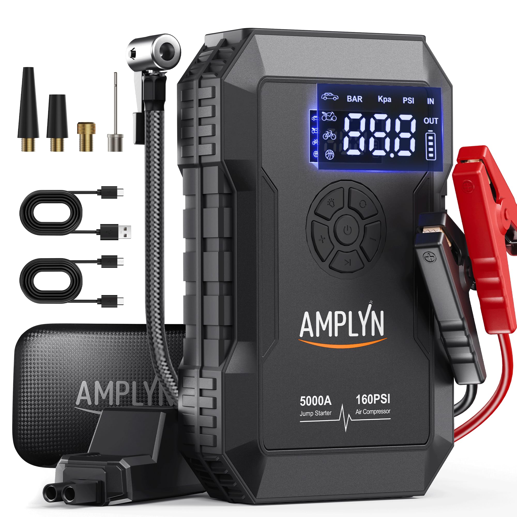 Car Battery Jump Starter with Air Compressor 160PSI 5000A 60W Portable Jump Starter Battery Pack All Gas 10L