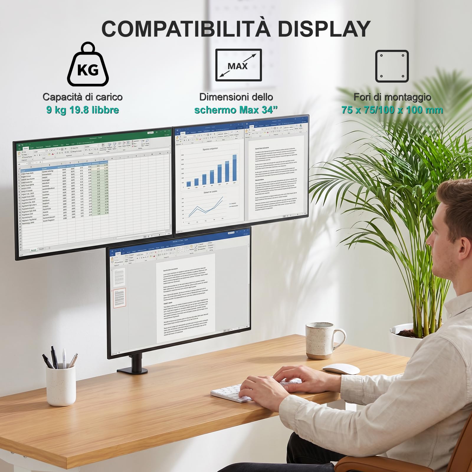 WALI Supporto triplo per monitor da 17-32 pollici, completamente regolabile per 3 monitor con morsetto e base con passacavo, braccio per monitor con molla a gas, fino a 9 kg ciascuno, VESA 75 x 75 100