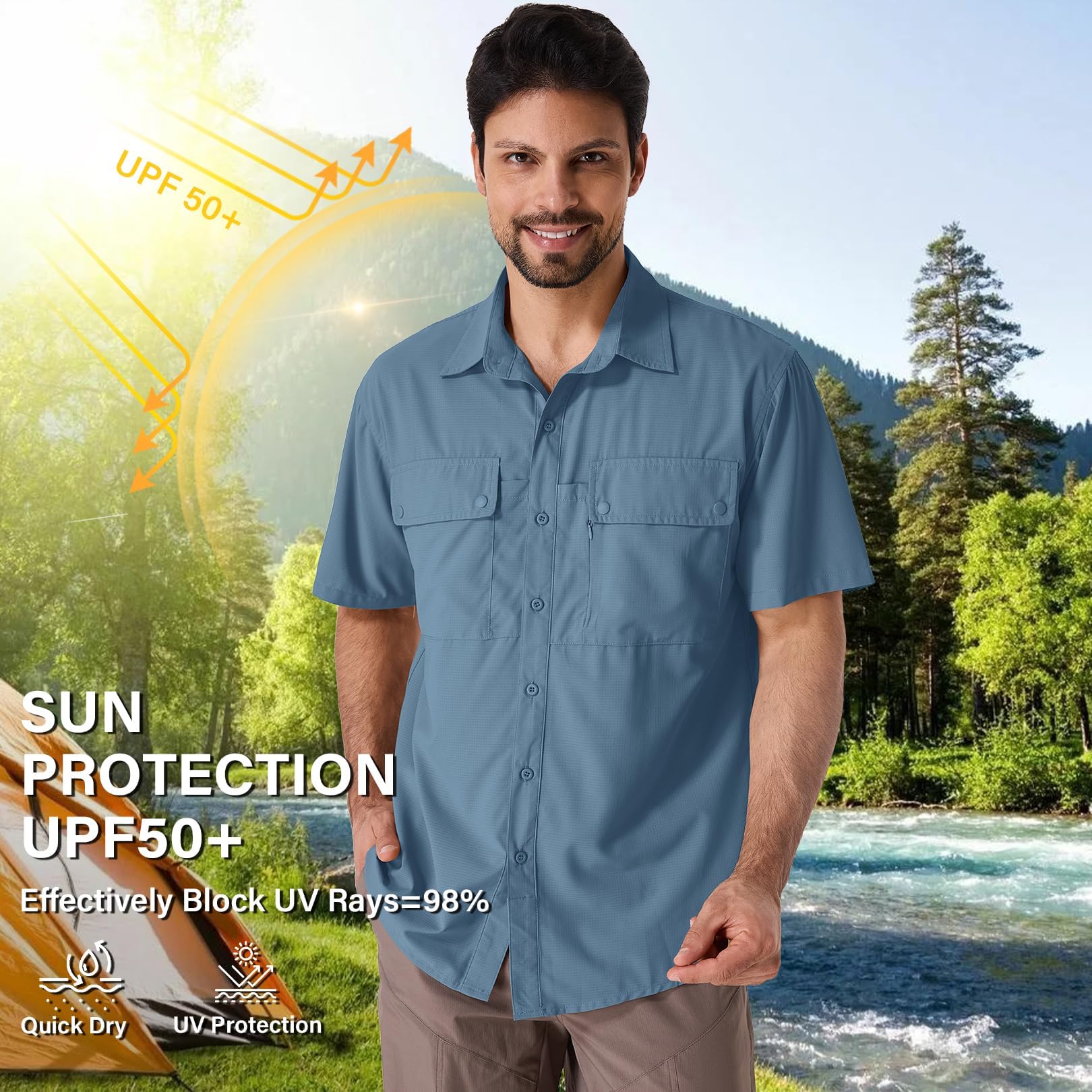 Camicia da uomo a maniche corte Safari UPF50+, protezione UV, da trekking, da uomo, traspirante, ad asciugatura rapida