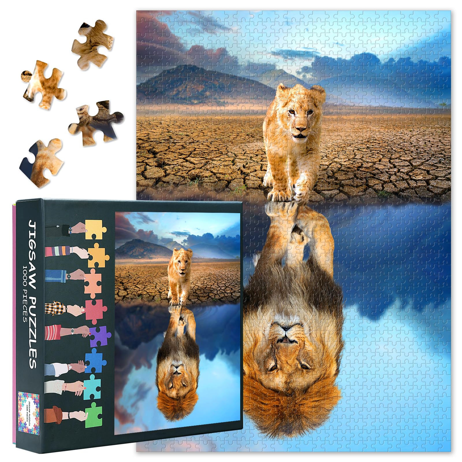 Jigsaw Puzzles for Adults 1000 Pieces Puzzles Lion Cub Looking The Reflection of an Adult Lion in The Water Impossible Puzzle for Adult Educational