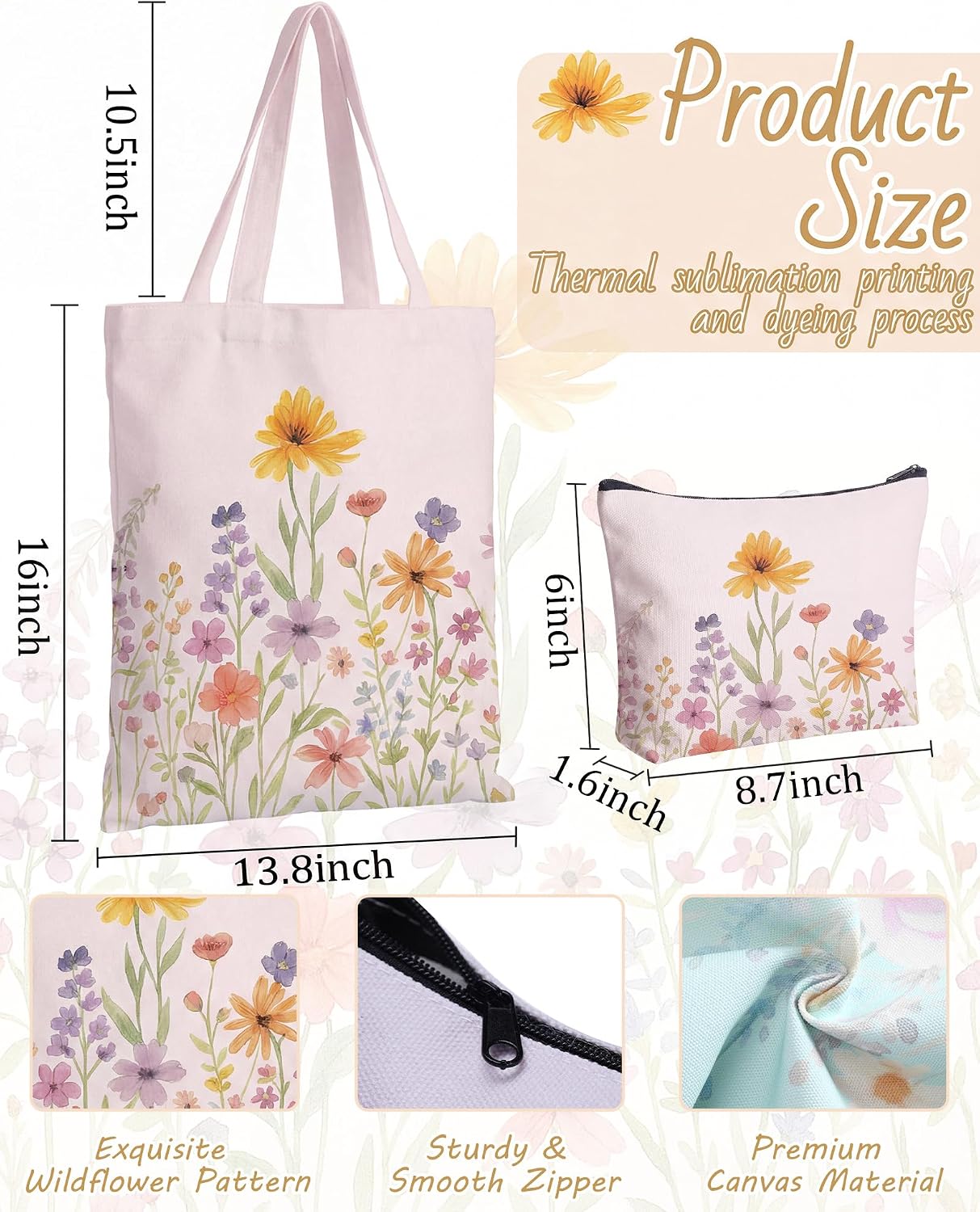 8 Pcs Floral Cute Canvas Tote and Cosmetic Bags Fabric Wildflower Aesthetic Spring Reusable Gift for Mother Women