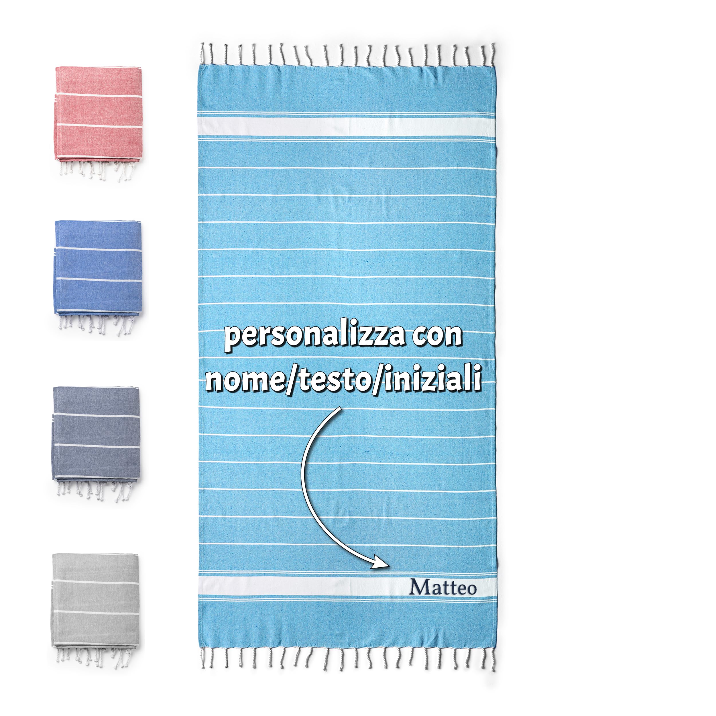 Telo Mare Personalizzato con Nome Testo Iniziali in Cotone Asciugamano Grande da Spiaggia Piscina a Righe 90x180cm Leggero Asciugatura Rapida Uomo/Donna Idea regalo (Azzurro)
