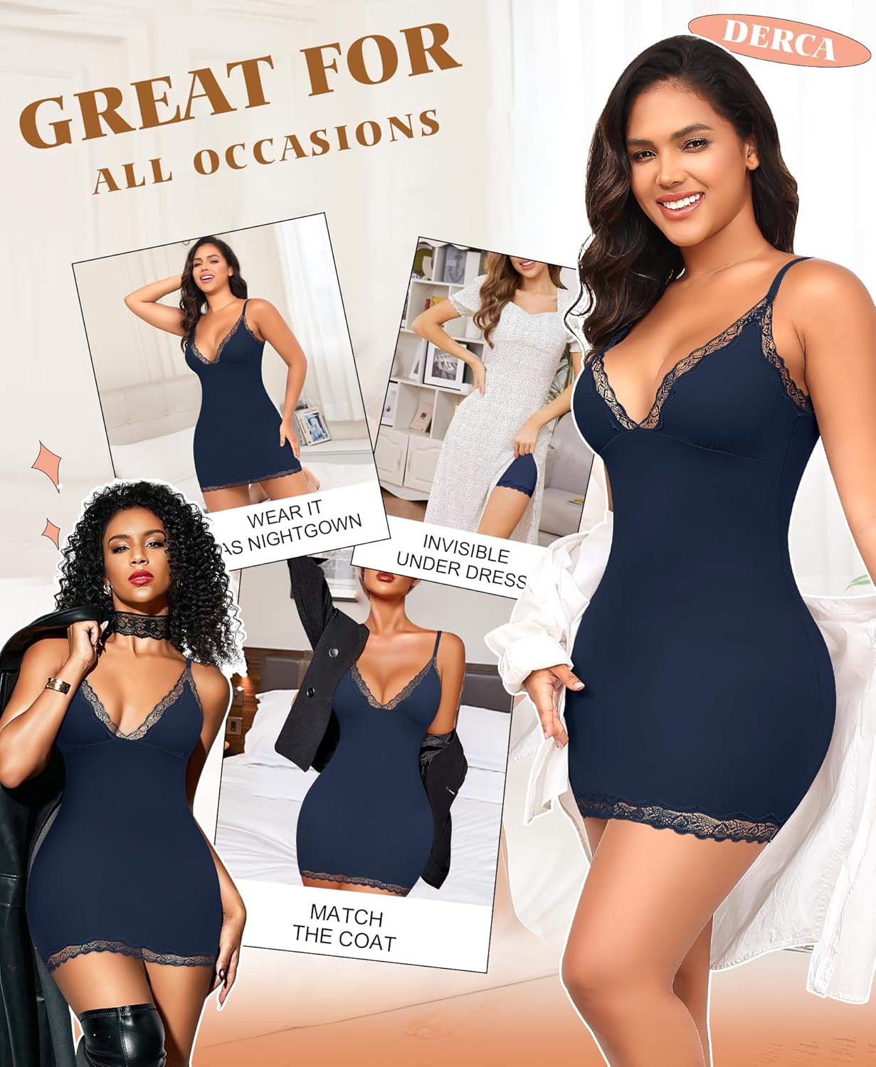 DERCA Slip Dress for Women Adjustable Spaghetti Strap V Neck Full Slips Under Dresses Camisole Slip Nightgown - Image 6