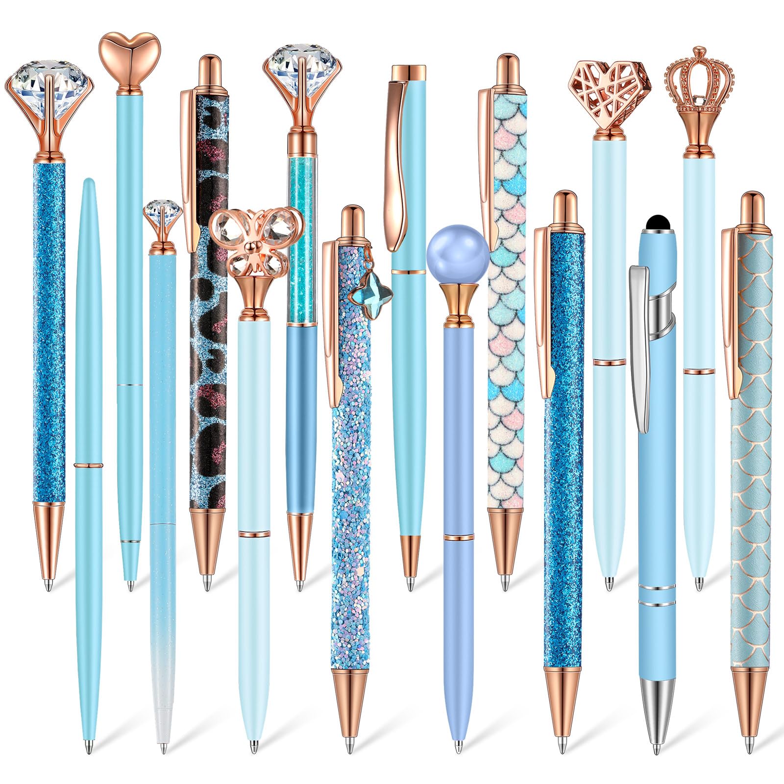 Colarr 16 Pcs Crystal Diamond Glitter Pen Cute Ballpoint Sparkle Pens Set Metal for Journaling Pretty Retractable Black Ink Christmas Fancy Gifts for