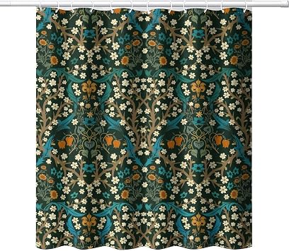 Mid Century Vintage Daisy Fabric Shower Curtain,Green Garden Flower William Morris Abstract Art Hotel Quality,Machine Washable,72L x66W for Bathroom.