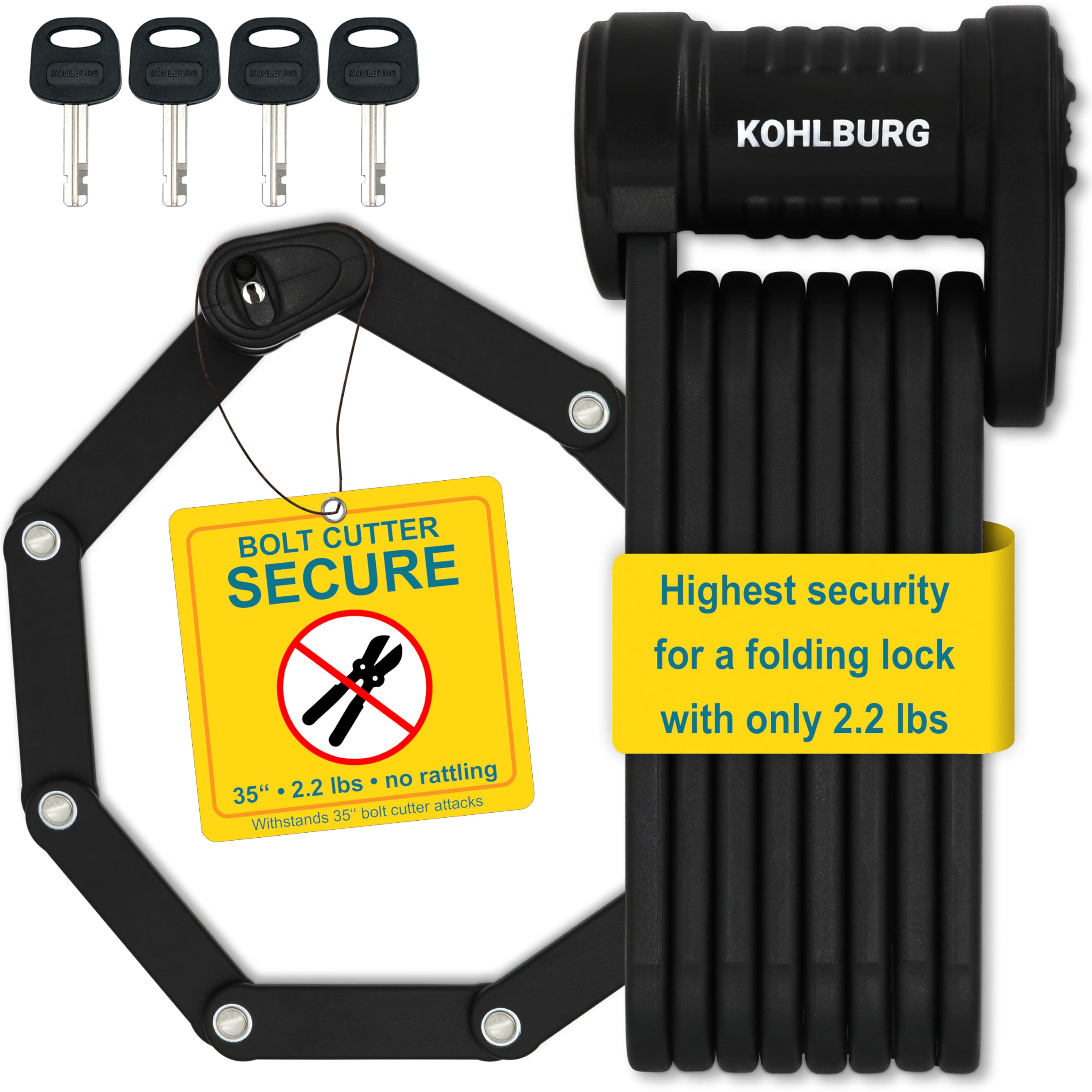 Kohlburg Black Bicycle Folding Lock Highest Security At Only 1Kg – 89Cm Model Vienna – Bicycle Lock With Bracket – Very Secure Bicycle Lock As E-Scooter Lock & Ebike Folding Lock Bicycle Secure